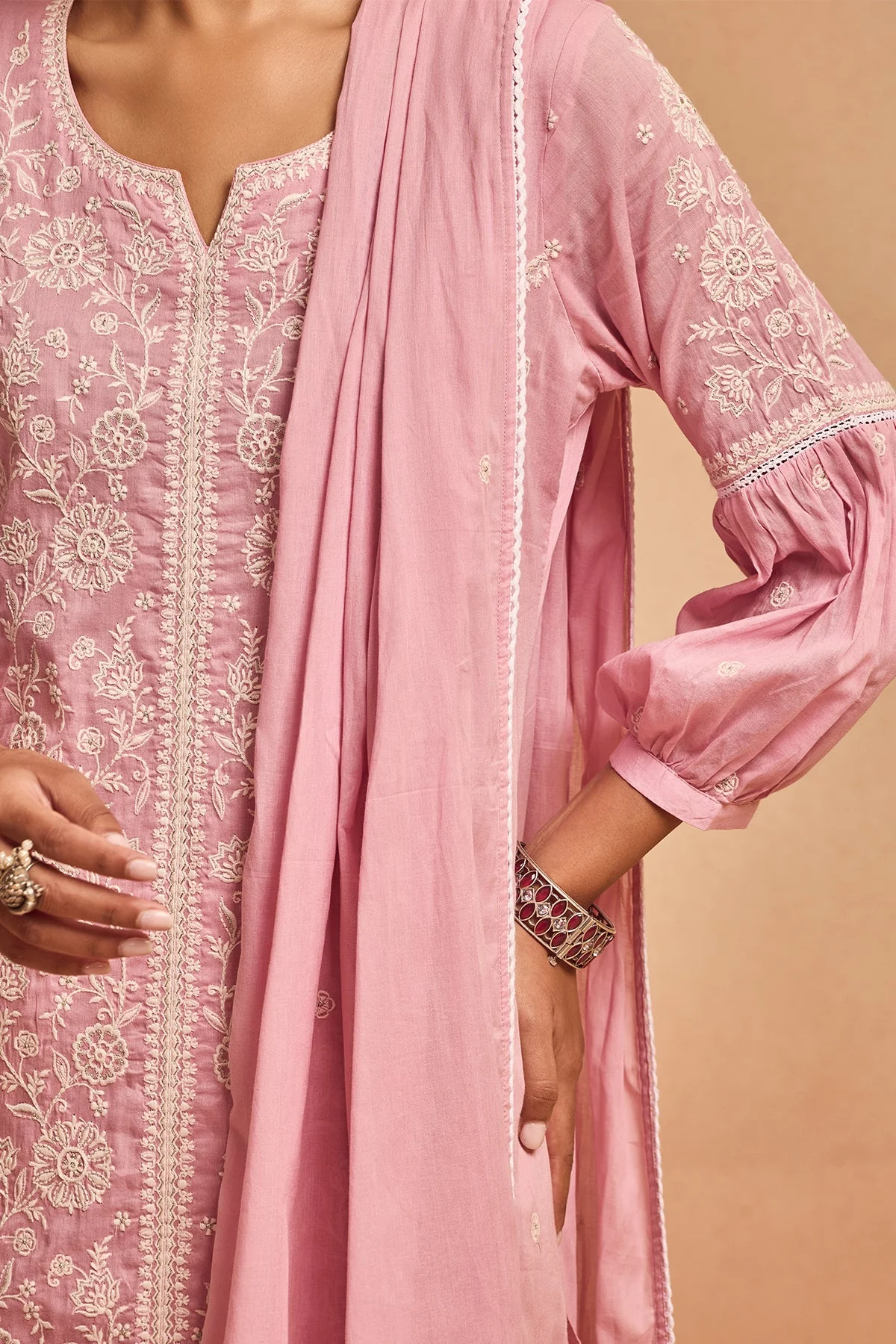 Pink Embroidered Kurta 3 Pcs Set - Image 5