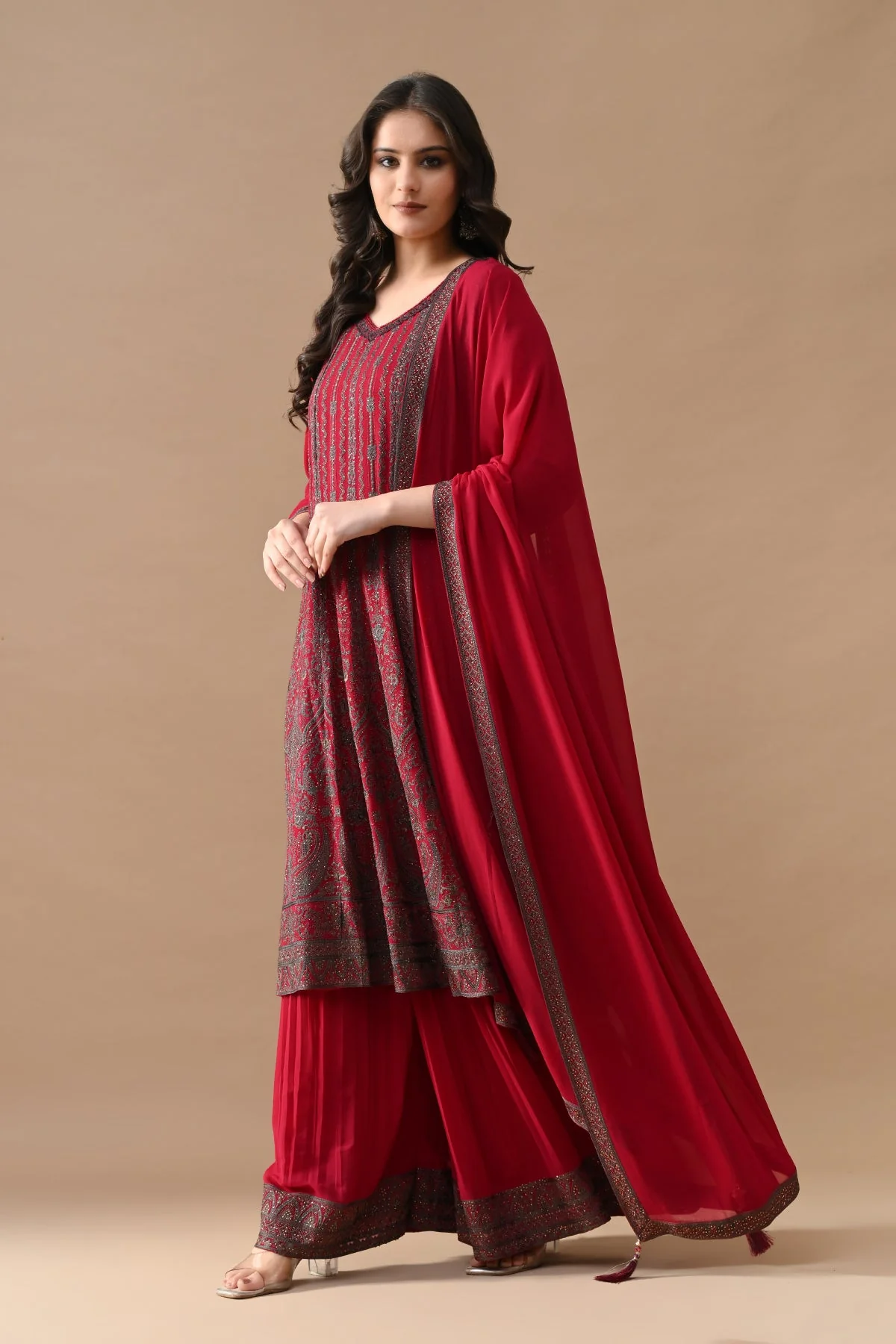 Pink Embroidery Flared Kurta 3 Pcs Set - Image 3