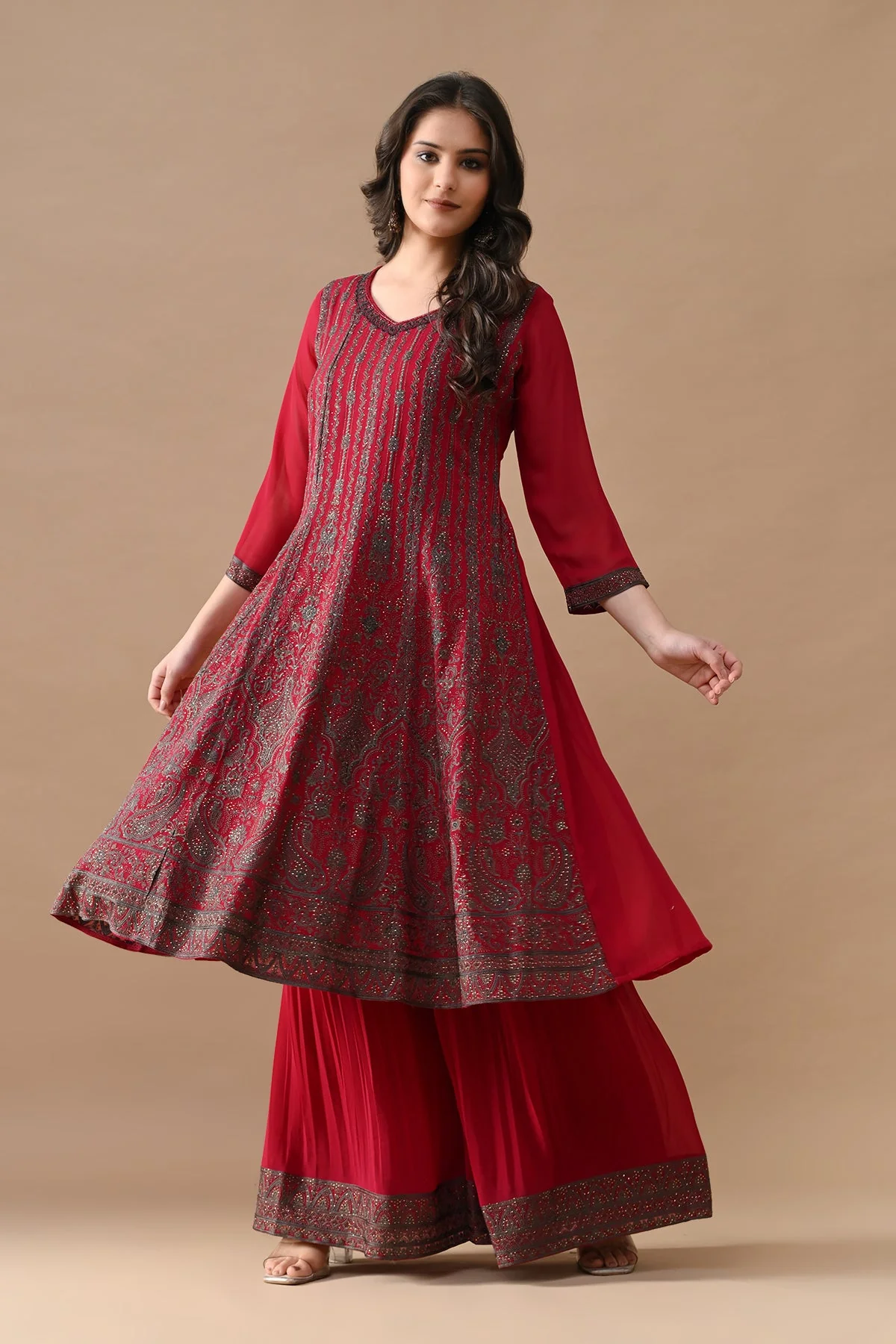 Pink Embroidery Flared Kurta 3 Pcs Set - Image 7