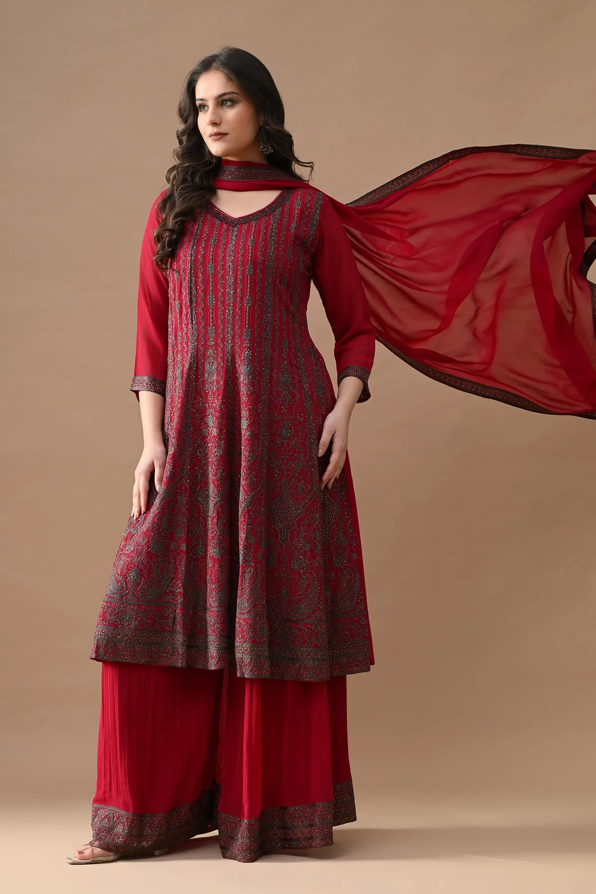 Pink Embroidery Flared Kurta 3 Pcs Set - Image 8