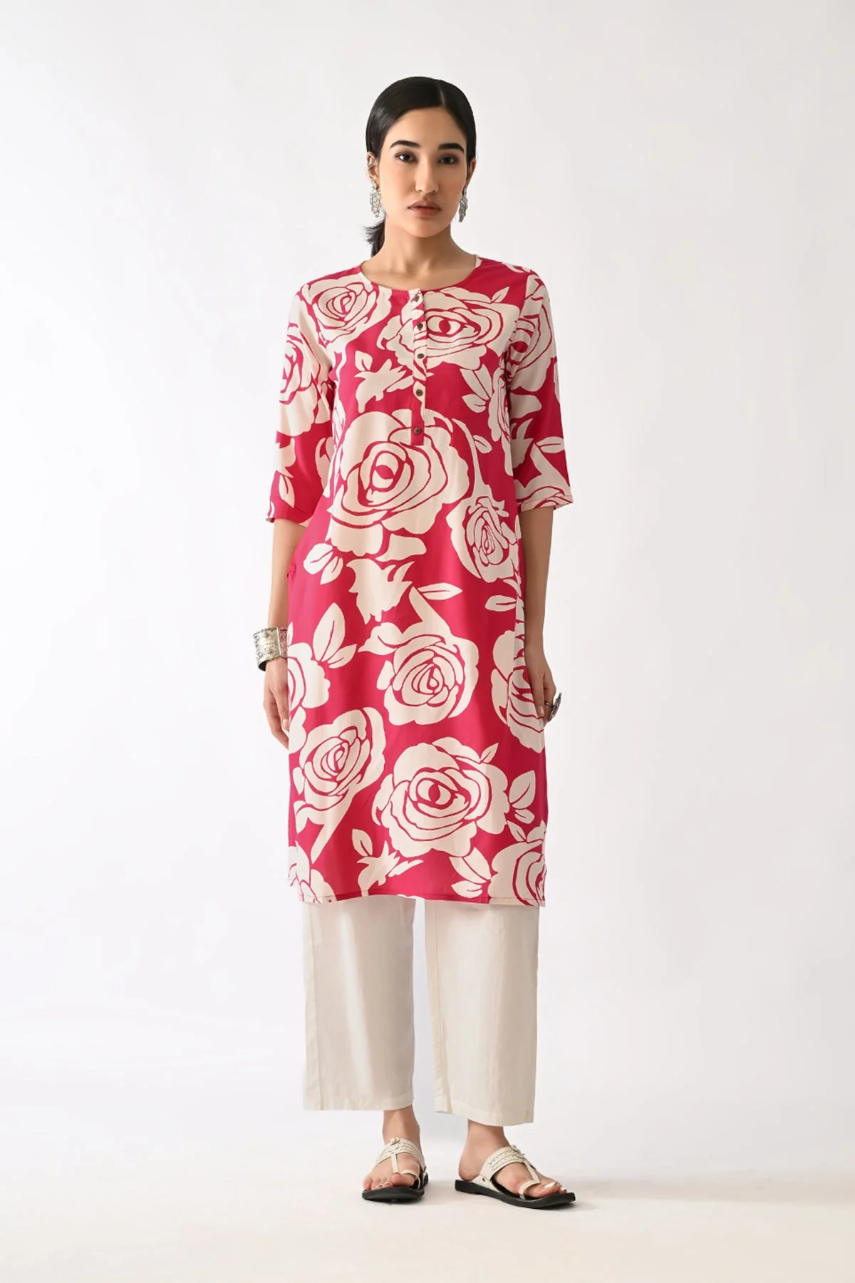 Pink Floral Printed Kurta - Image 4