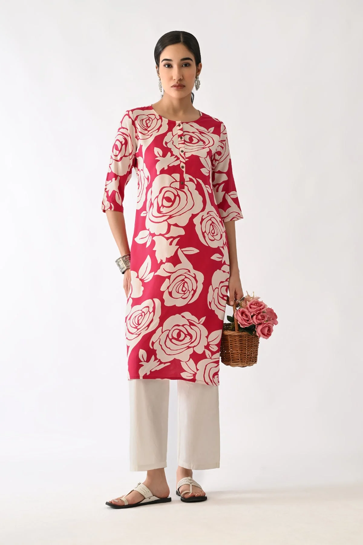 Pink Floral Printed Kurta - Image 7