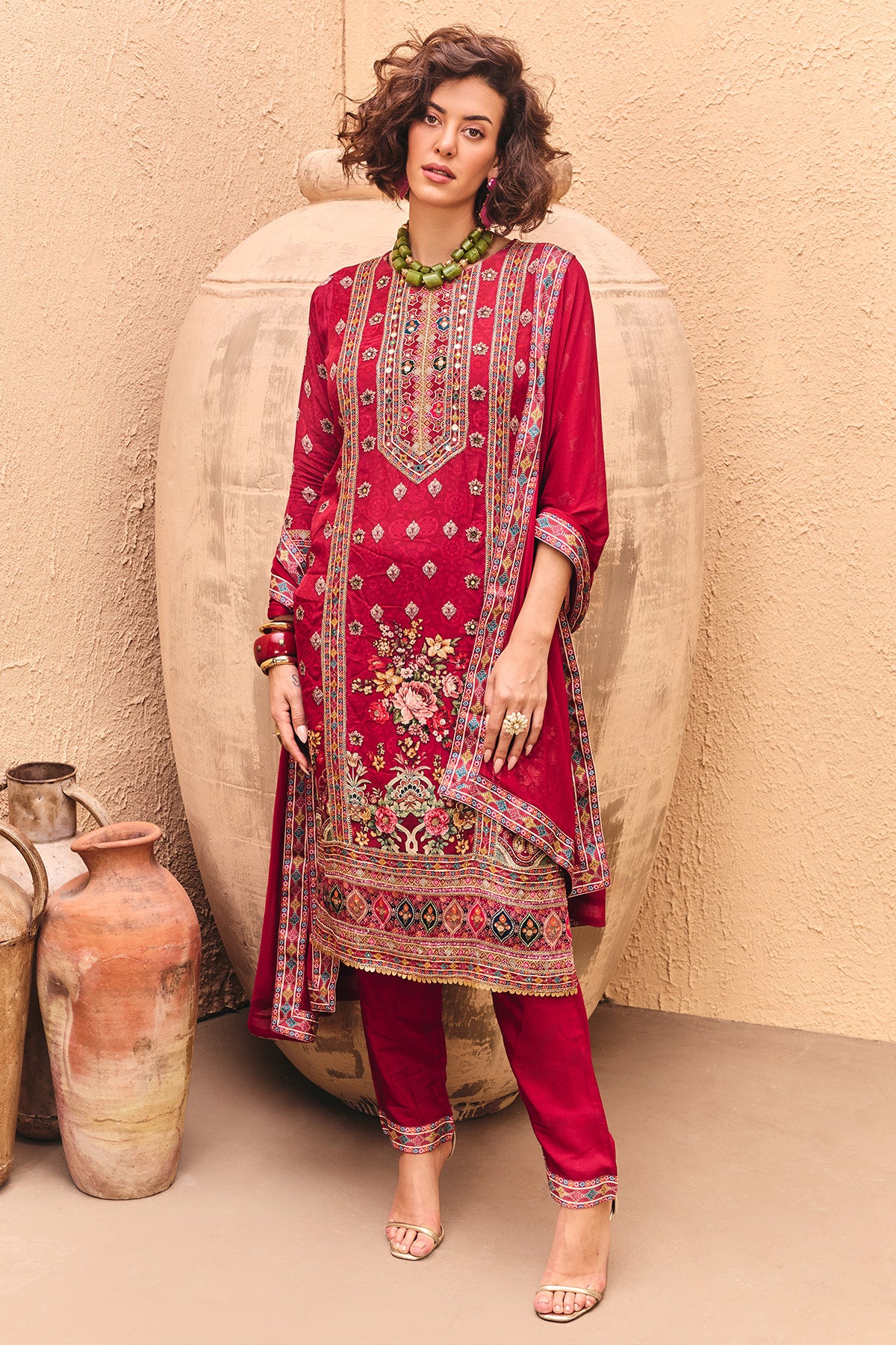 Pink Floral Printed Kurta 3 Pcs Set - Image 3