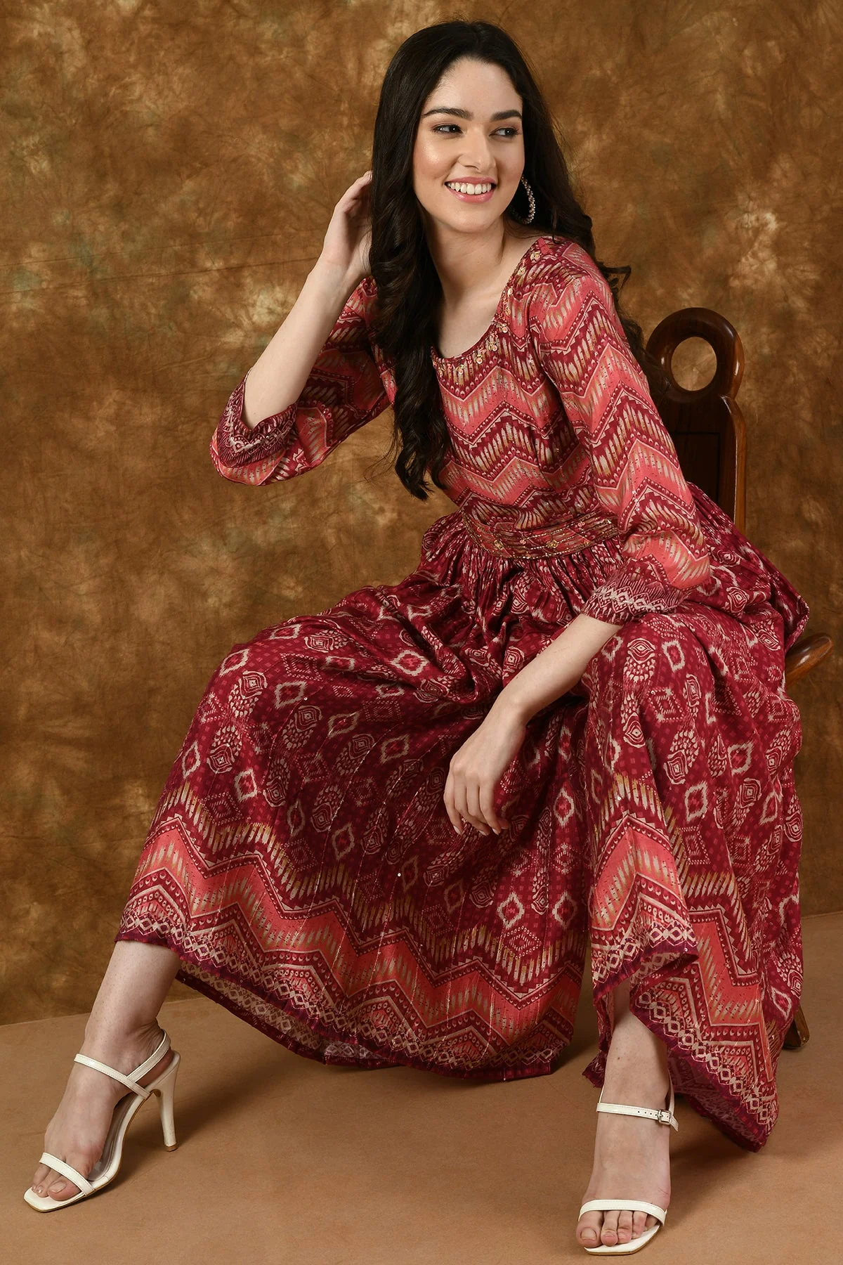 Pink Neck Stone Work Printed and Gather Jumpsuit