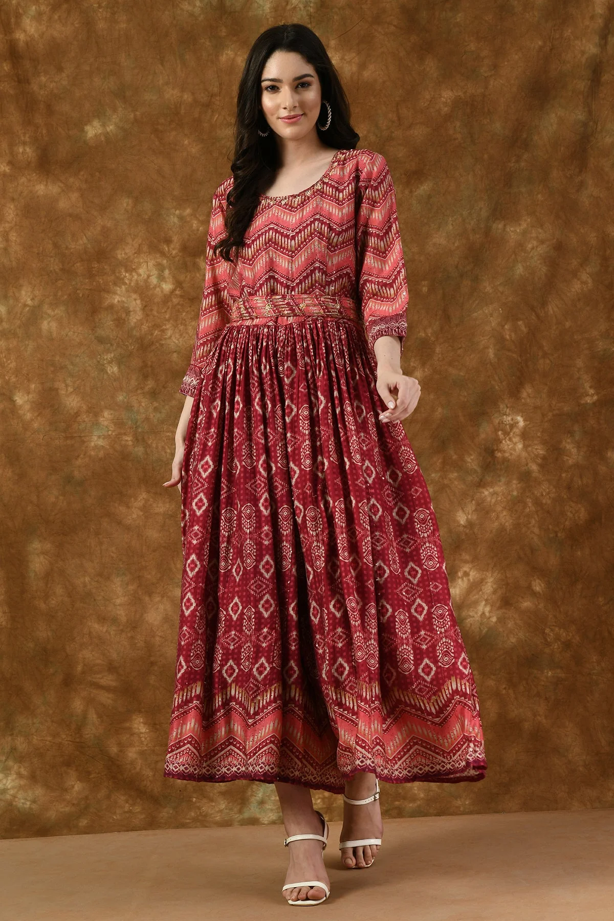 Pink Neck Stone Work Printed and Gather Jumpsuit - Image 2
