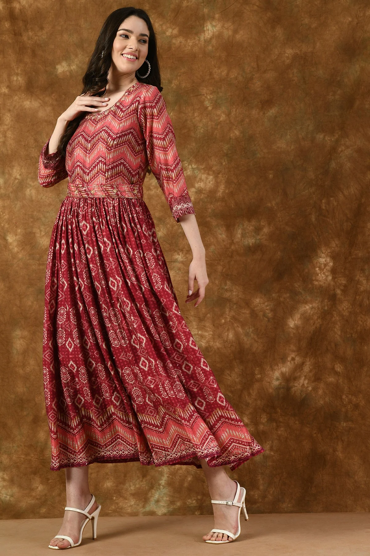 Pink Neck Stone Work Printed and Gather Jumpsuit - Image 3