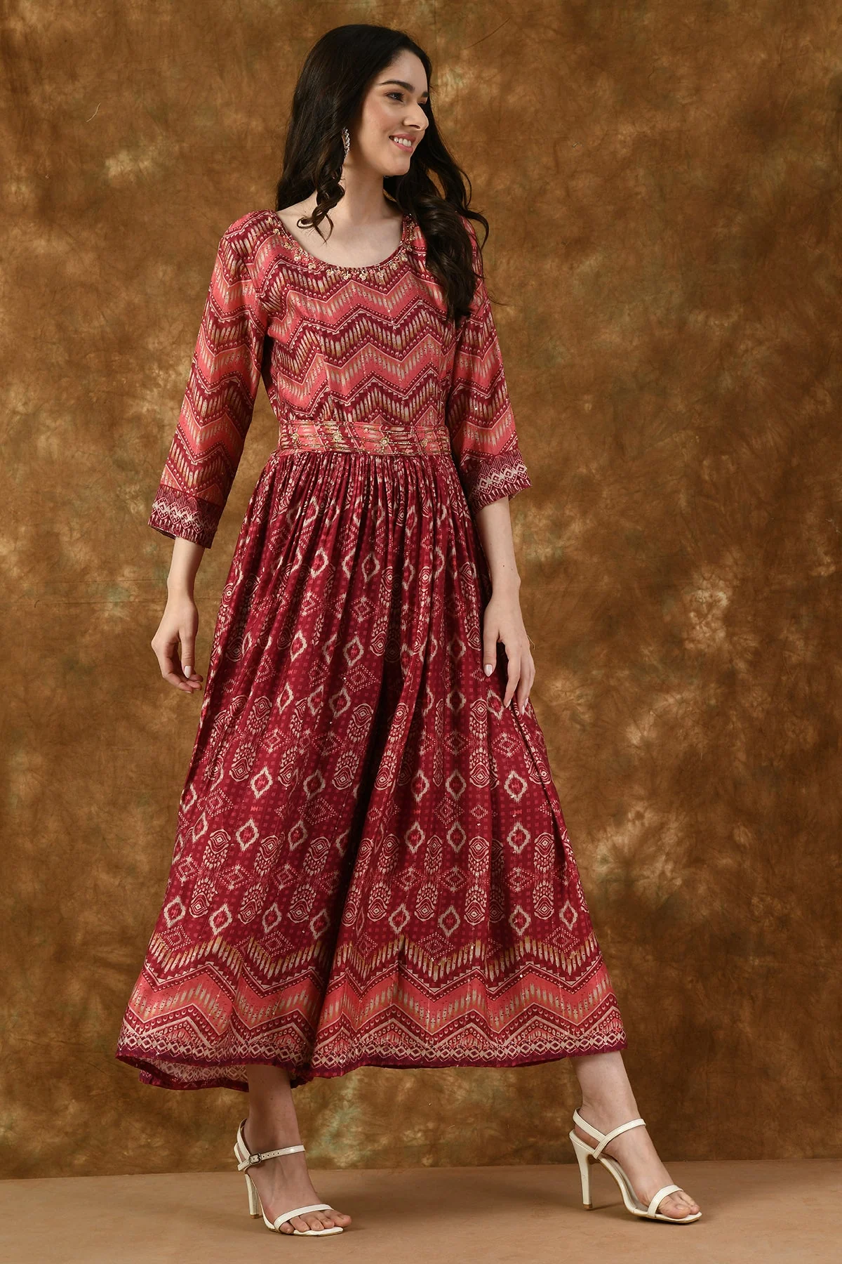 Pink Neck Stone Work Printed and Gather Jumpsuit - Image 4
