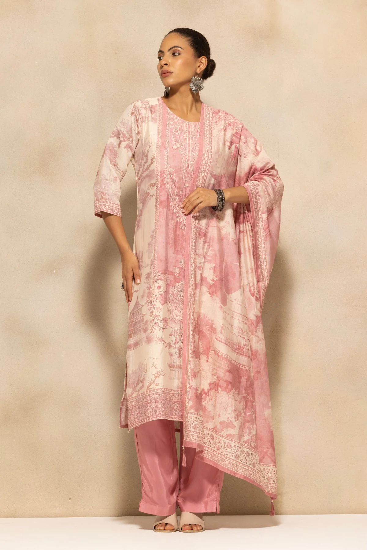 Pink Printed Kurta 3 Pcs Set