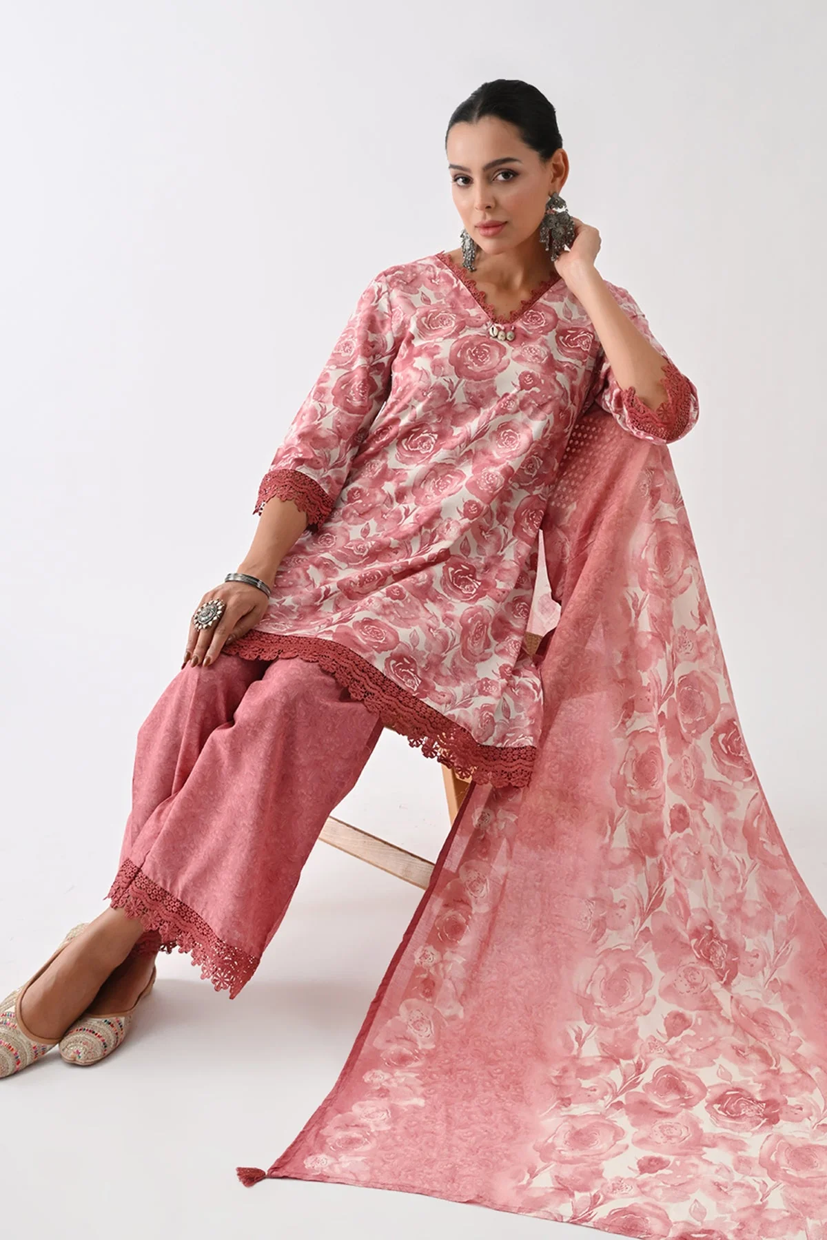 Pink Printed Kurta 3 Pcs Set