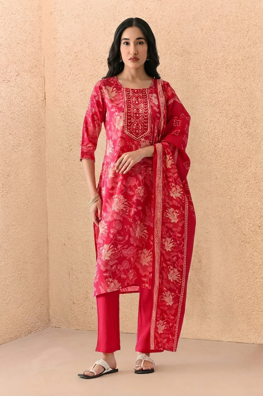 Pink Printed Kurta 3 Pcs Set