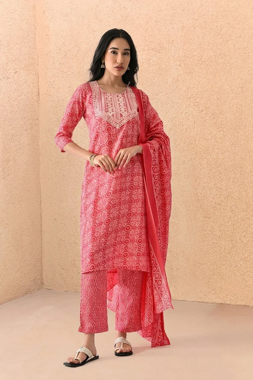 Pink Printed Kurta 3 Pcs Set