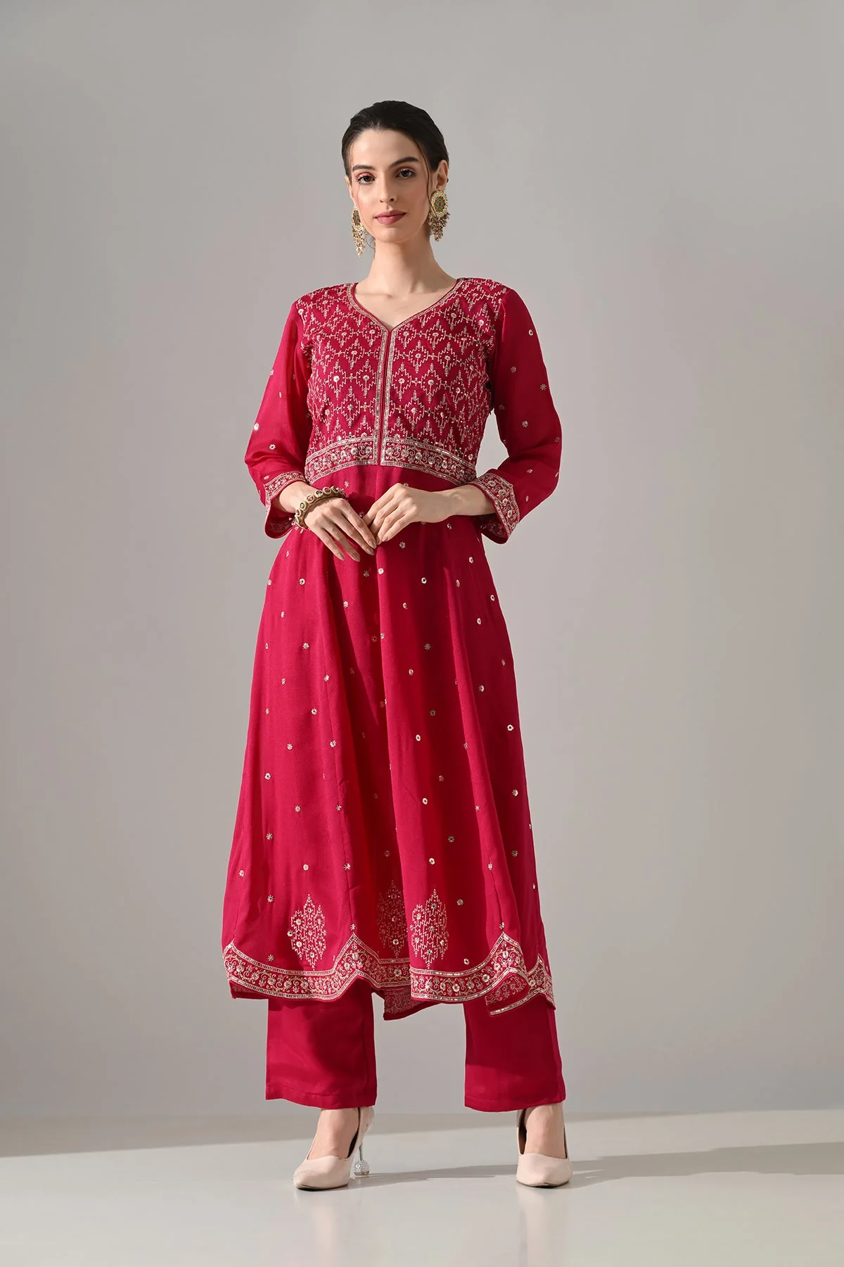 Pink Zari Embroidered Kurta 3 Pcs Set - Image 2