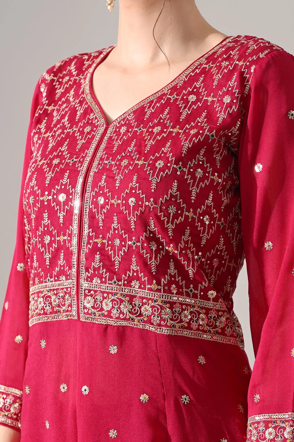 Pink Zari Embroidered Kurta 3 Pcs Set - Image 5