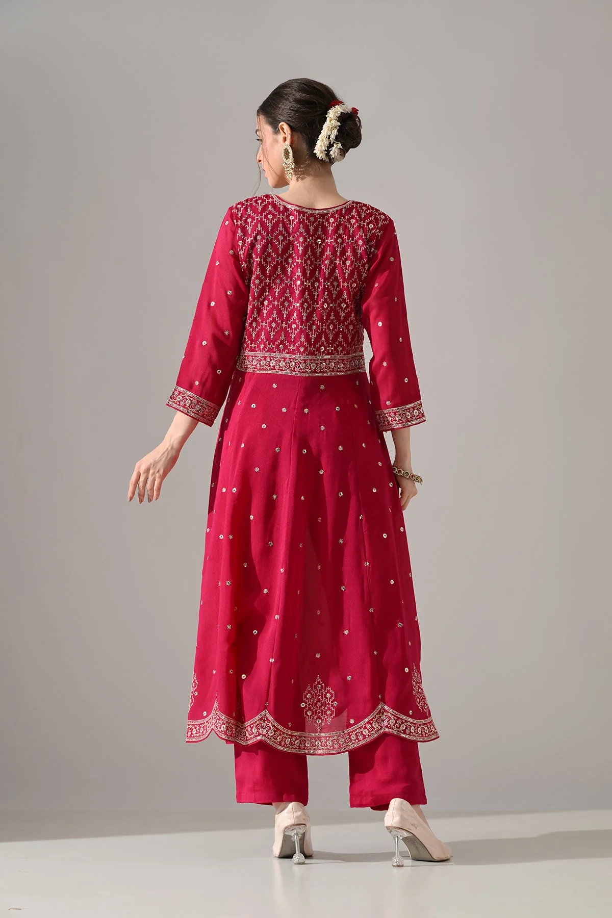 Pink Zari Embroidered Kurta 3 Pcs Set - Image 6