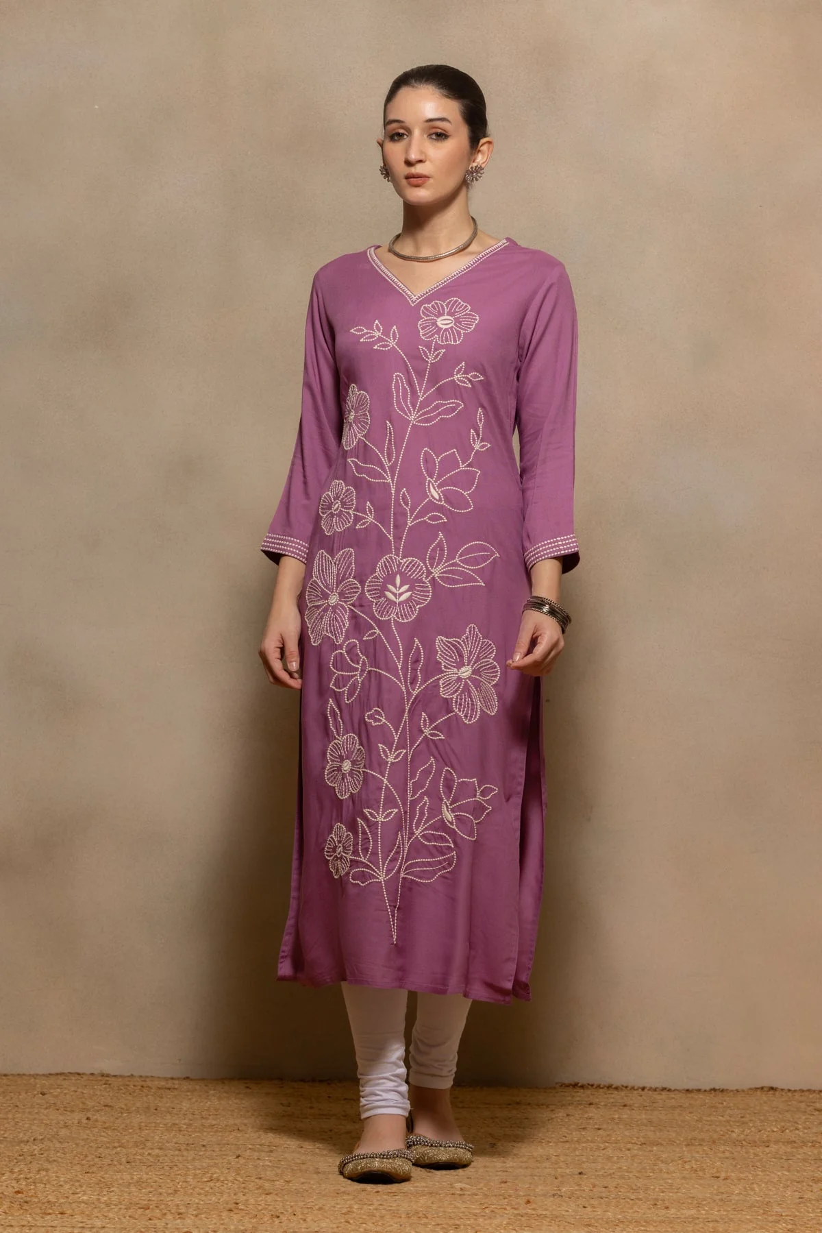 Purple Floral Embroidered Kurta - Image 7