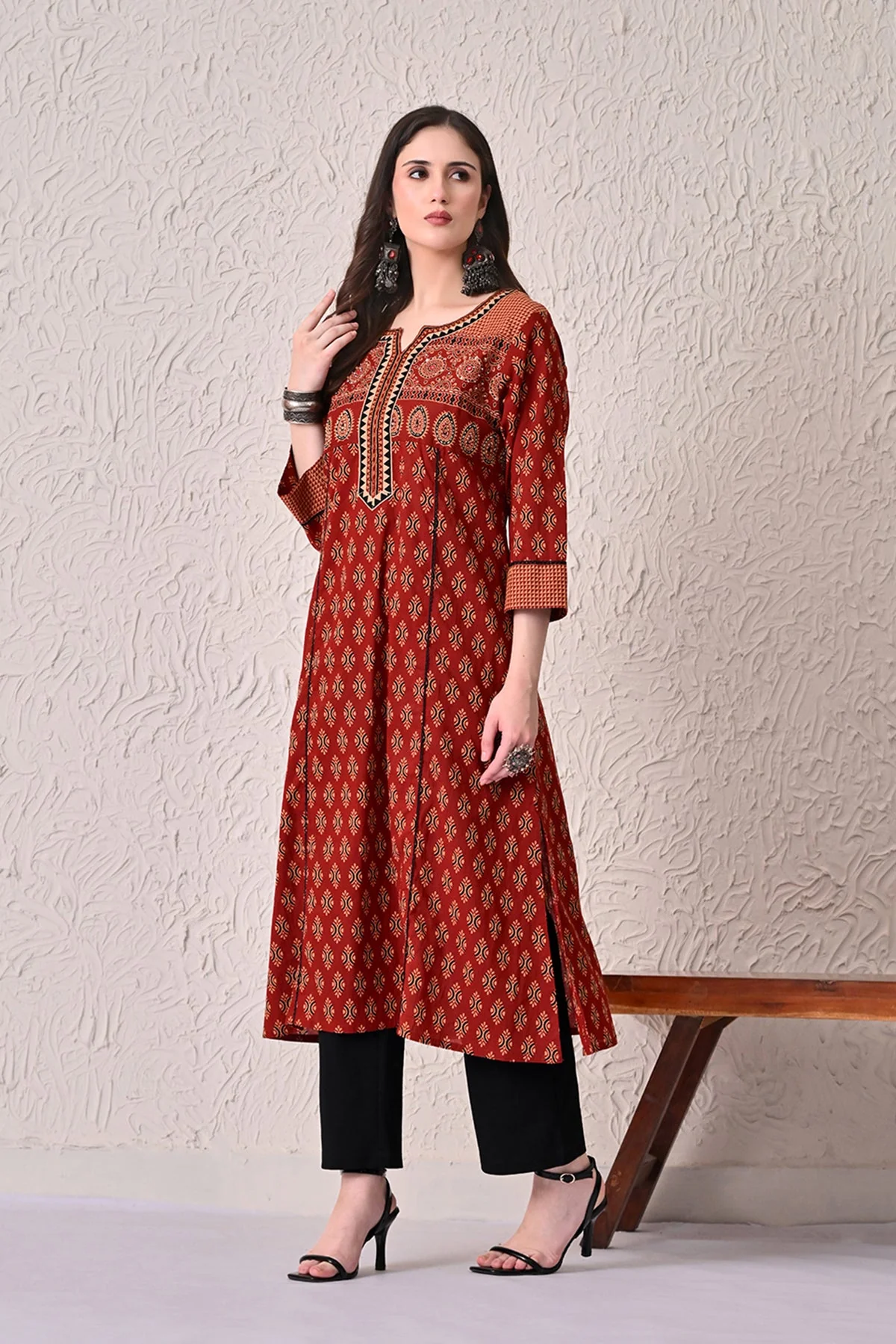 Rust A-line Printed Kurta - Image 2