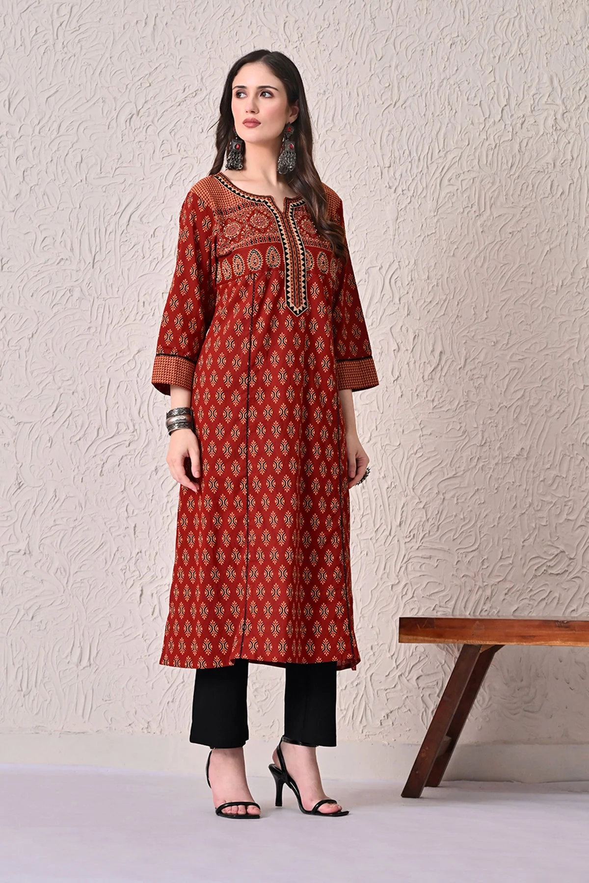 Rust A-line Printed Kurta - Image 3