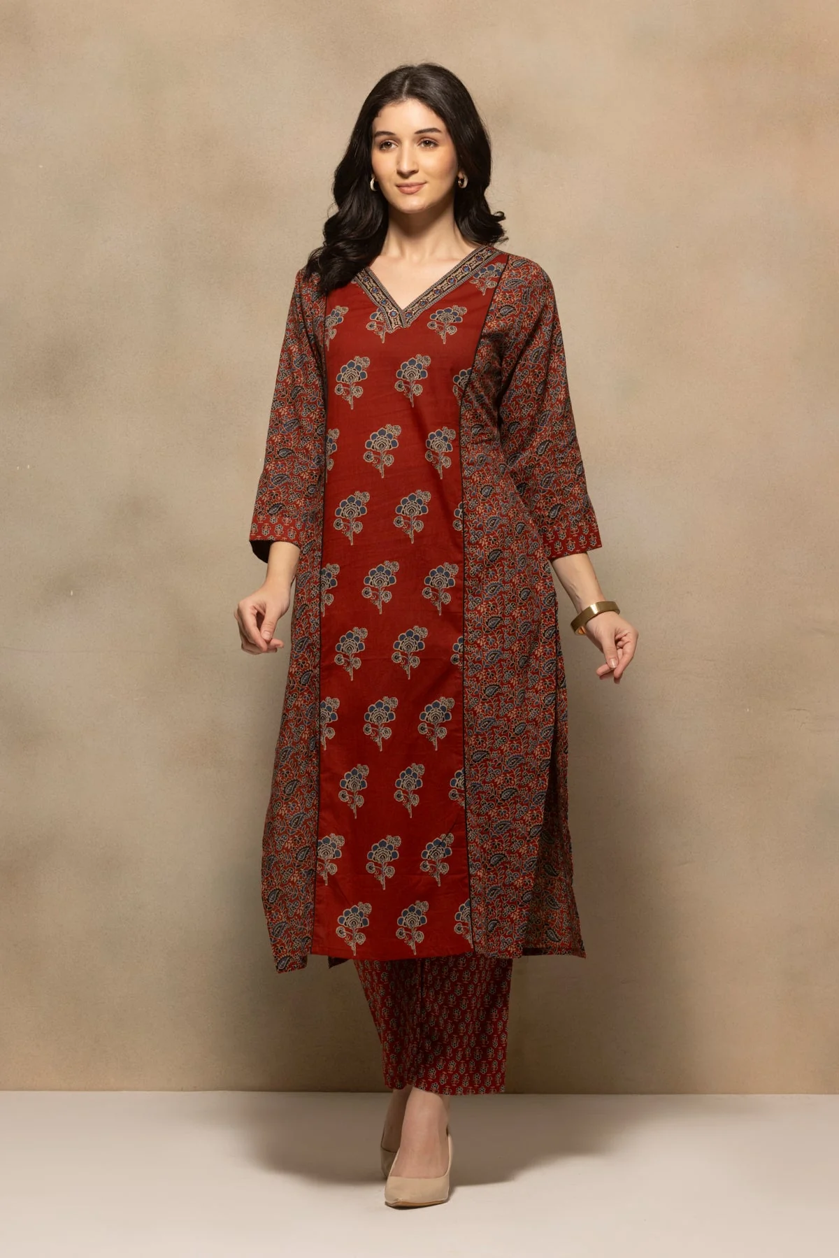 Rust Floral Printed Kurta 3 Pcs Set