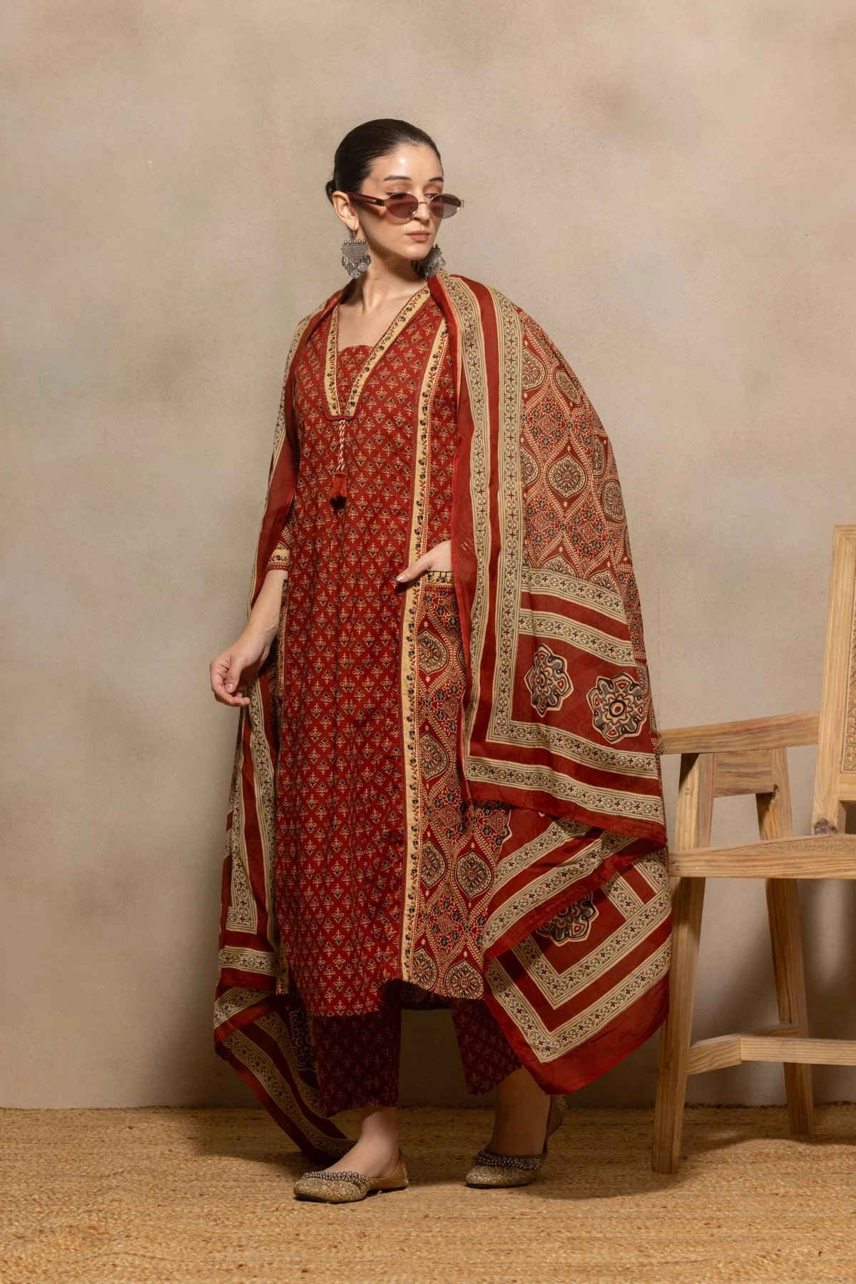 Rust Printed Flared Kurta 3 Pcs Set
