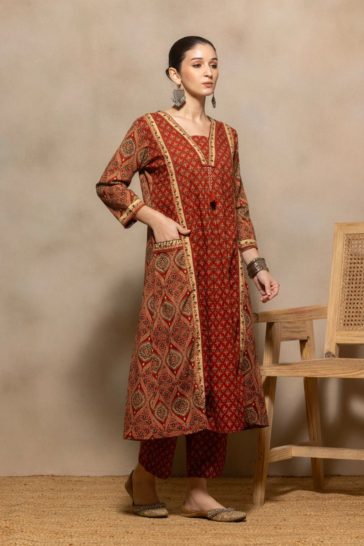 Rust Printed Flared Kurta 3 Pcs Set - Image 3