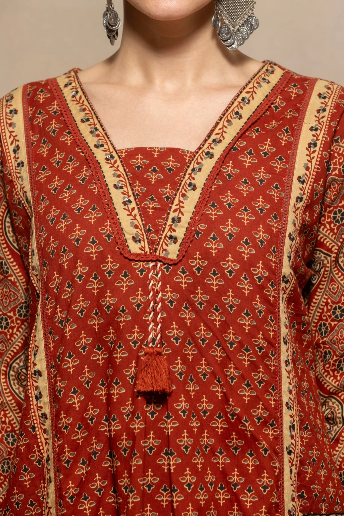 Rust Printed Flared Kurta 3 Pcs Set - Image 4
