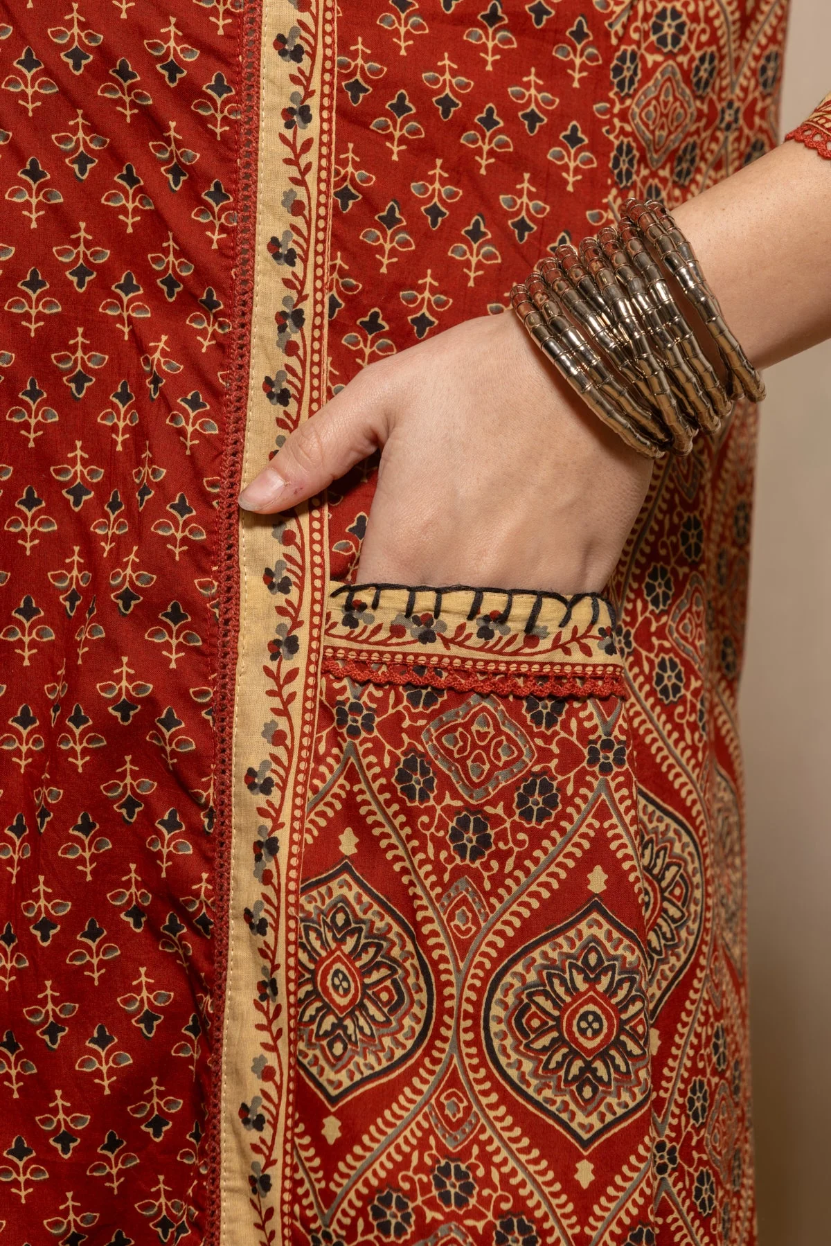 Rust Printed Flared Kurta 3 Pcs Set - Image 7