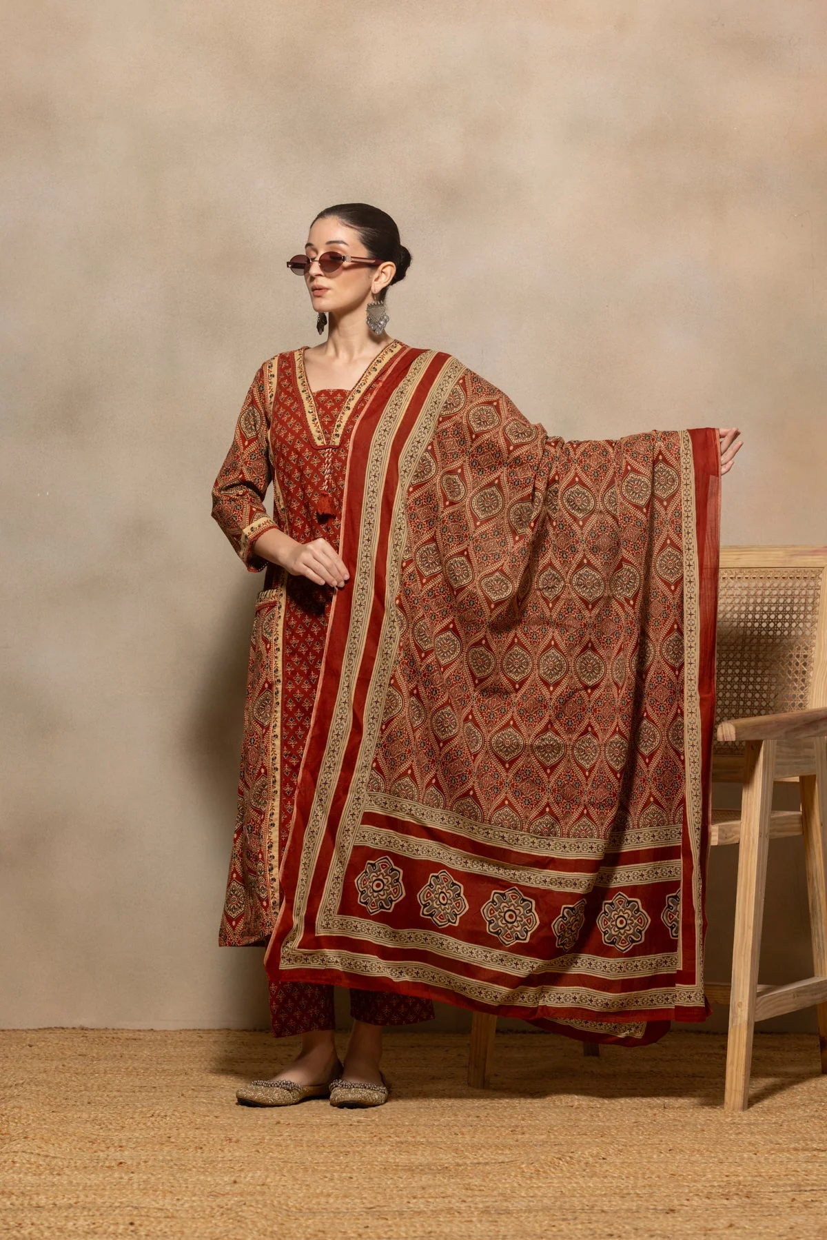Rust Printed Flared Kurta 3 Pcs Set - Image 8
