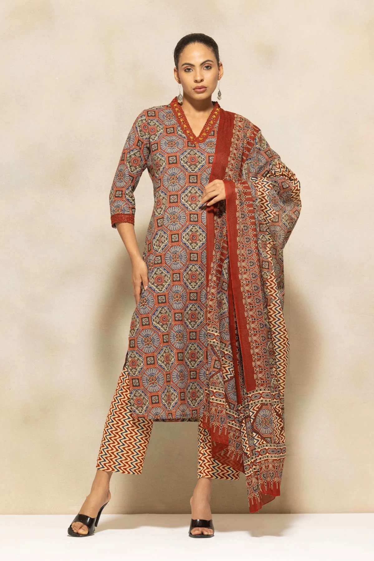 Rust Printed Kurta 3 Pcs Set - Image 8