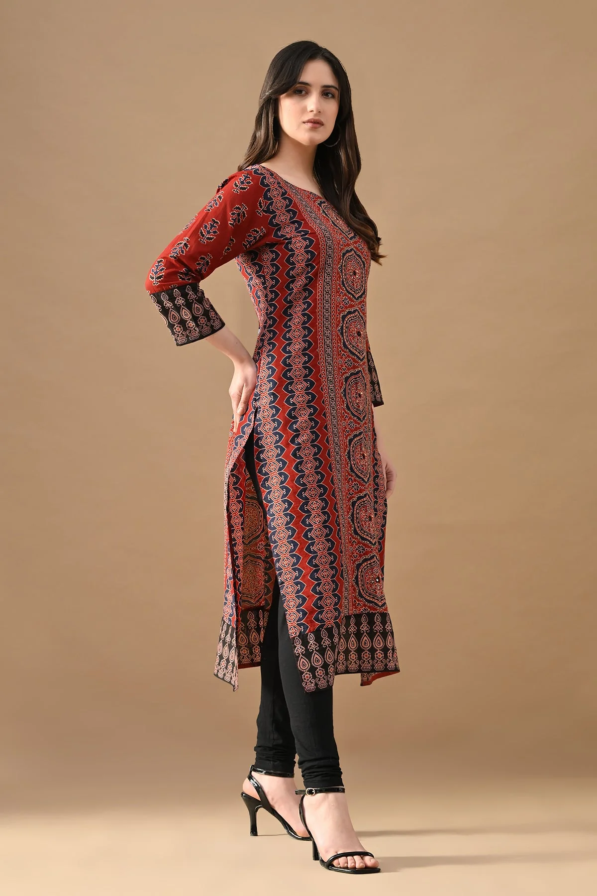 Rust Printed Straight Kurta - Image 3