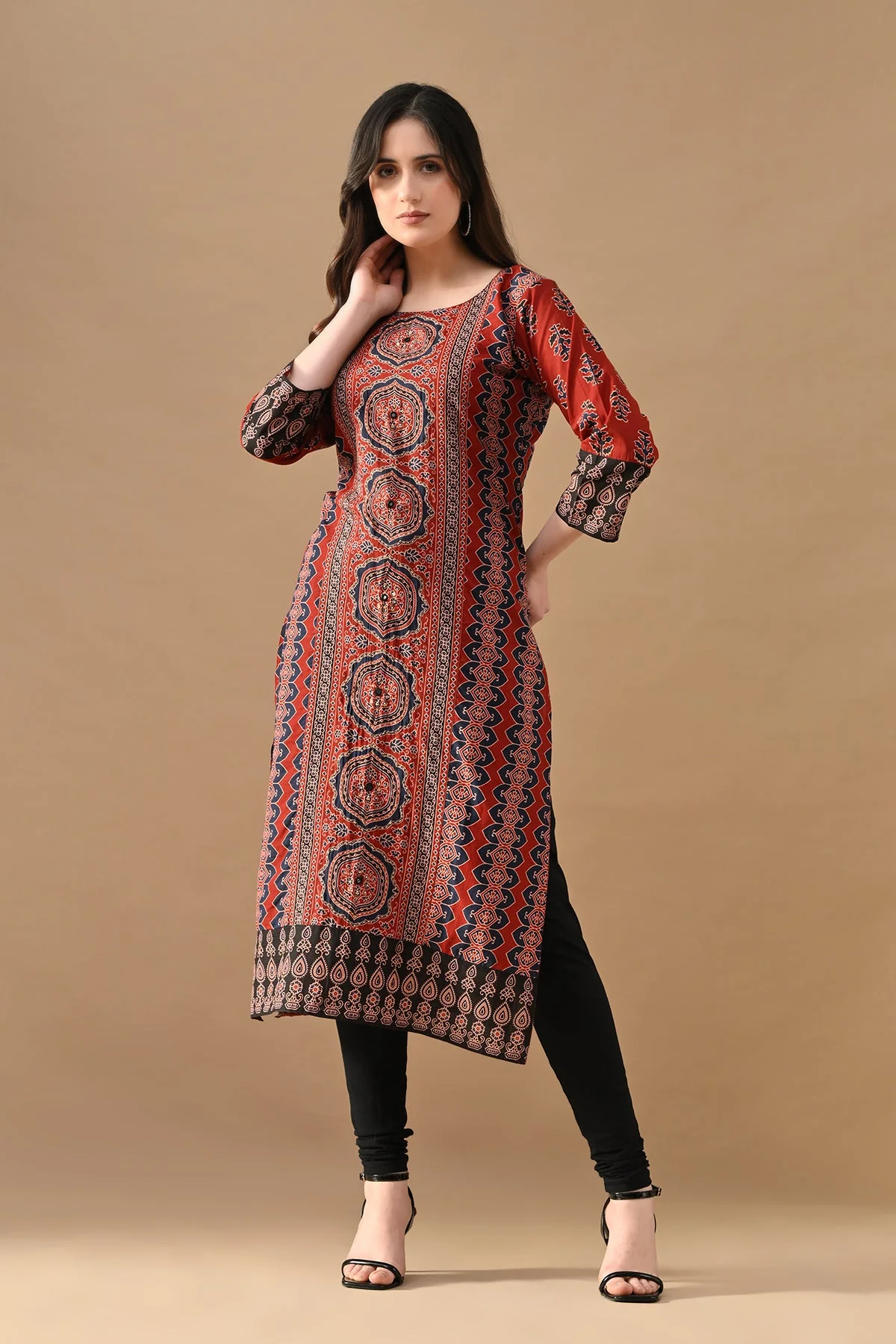 Rust Printed Straight Kurta - Image 6