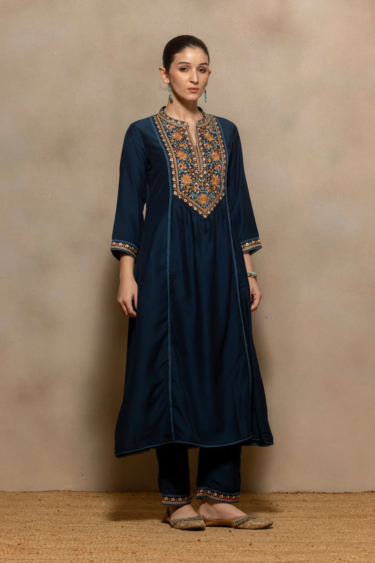 Teal Embroidered A-line Kurta 2 Pcs Set - Image 3