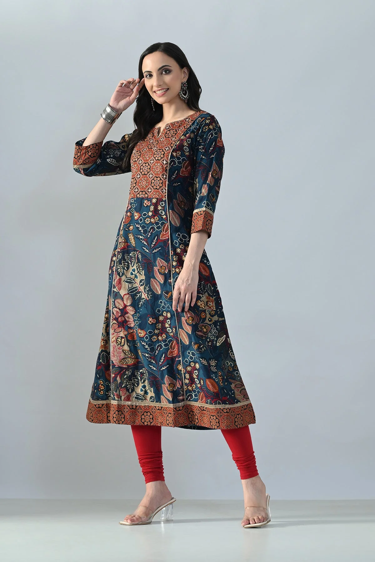 Teal Printed A-line Kurta - Image 3