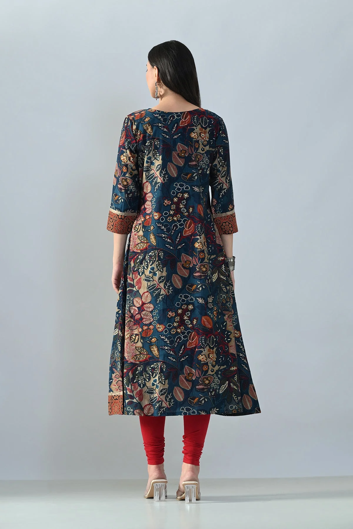 Teal Printed A-line Kurta - Image 5
