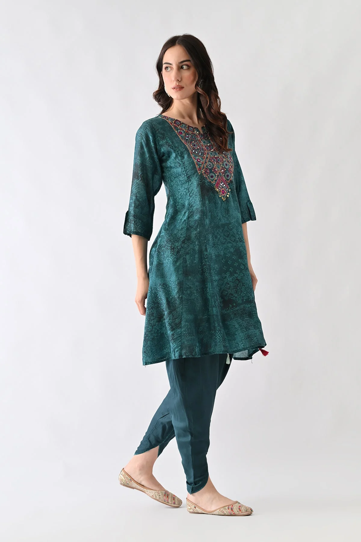 Teal Printed A-Line Kurta 3 Pcs Set - Image 3