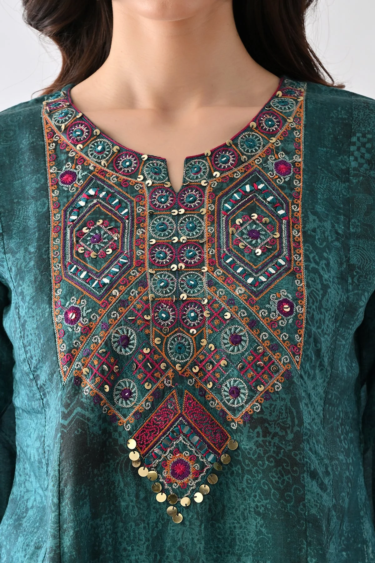 Teal Printed A-Line Kurta 3 Pcs Set - Image 4