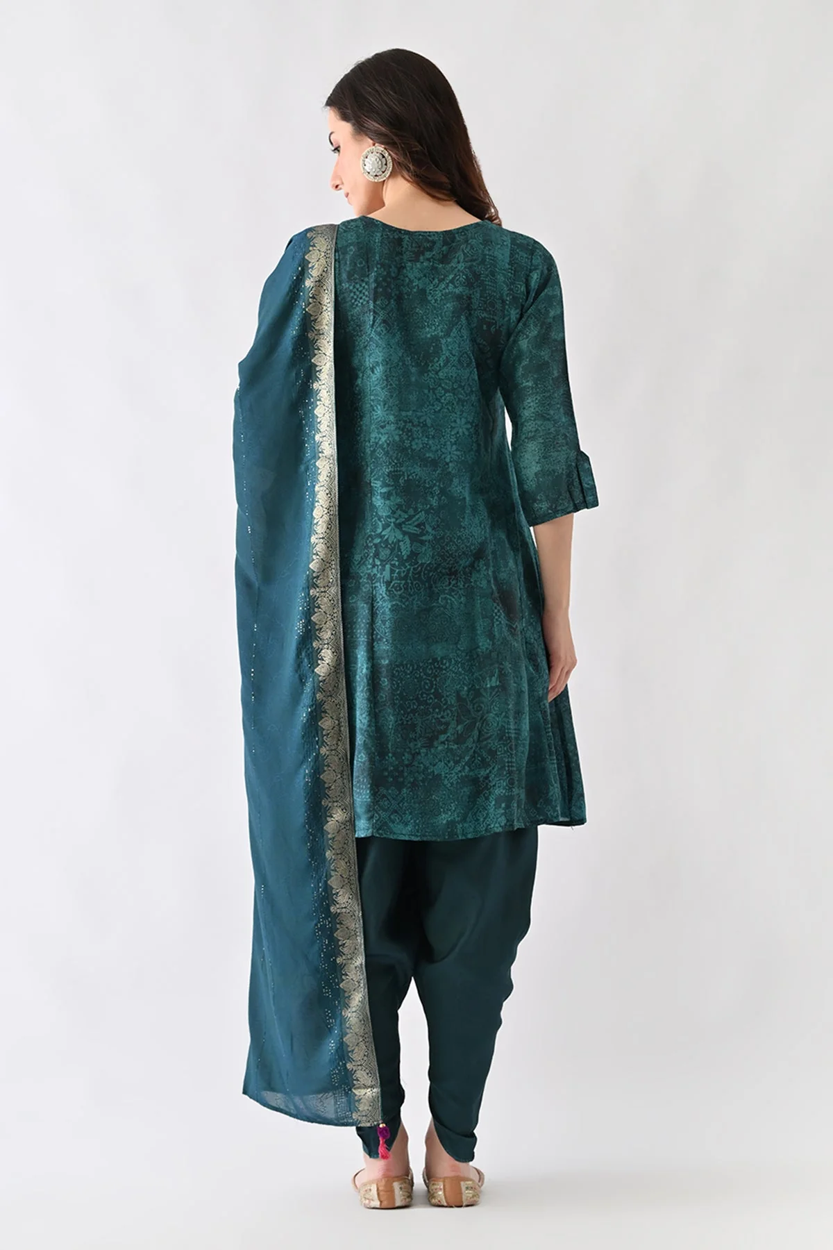 Teal Printed A-Line Kurta 3 Pcs Set - Image 5