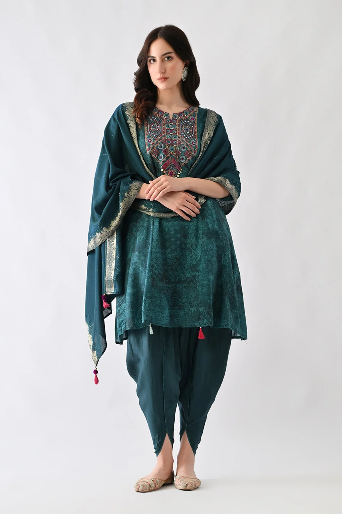 Teal Printed A-Line Kurta 3 Pcs Set - Image 7