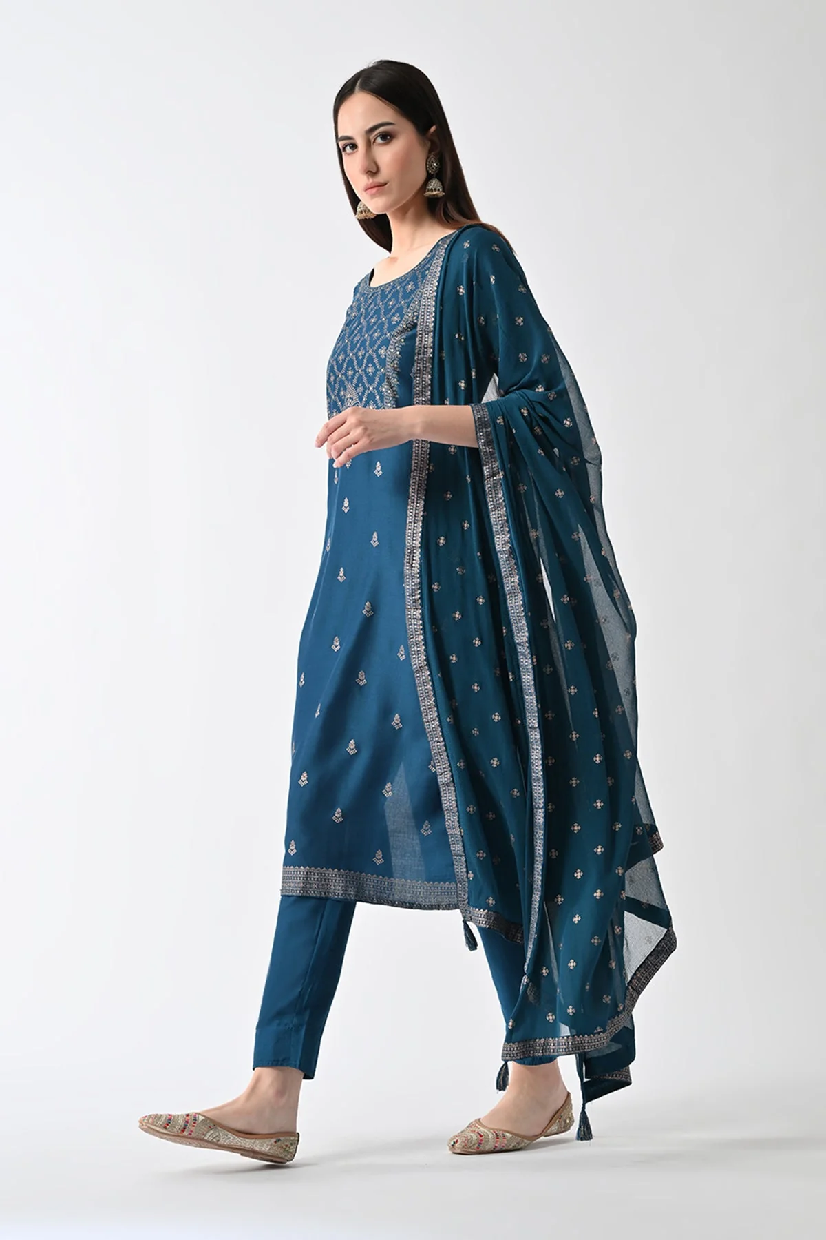 Teal Printed Straight Kurta 3 Pcs Set - Image 3