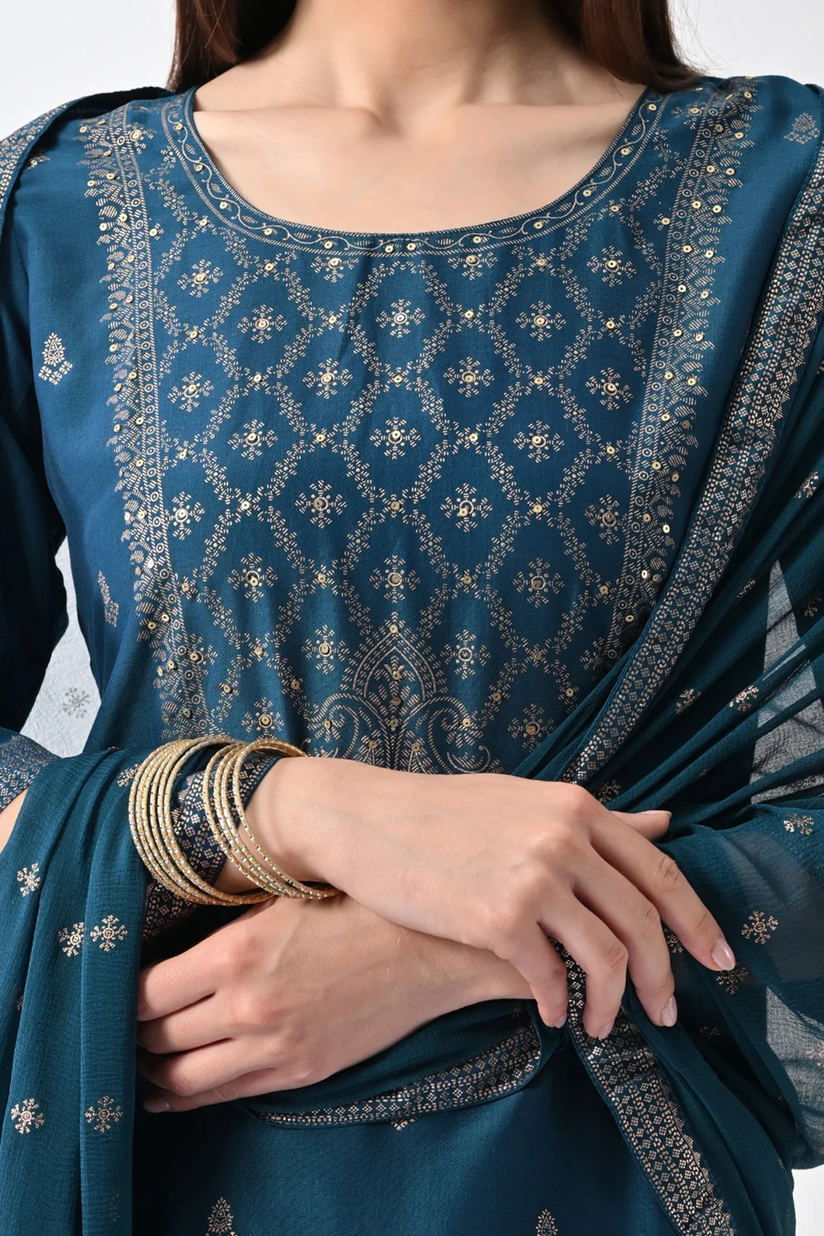 Teal Printed Straight Kurta 3 Pcs Set - Image 4