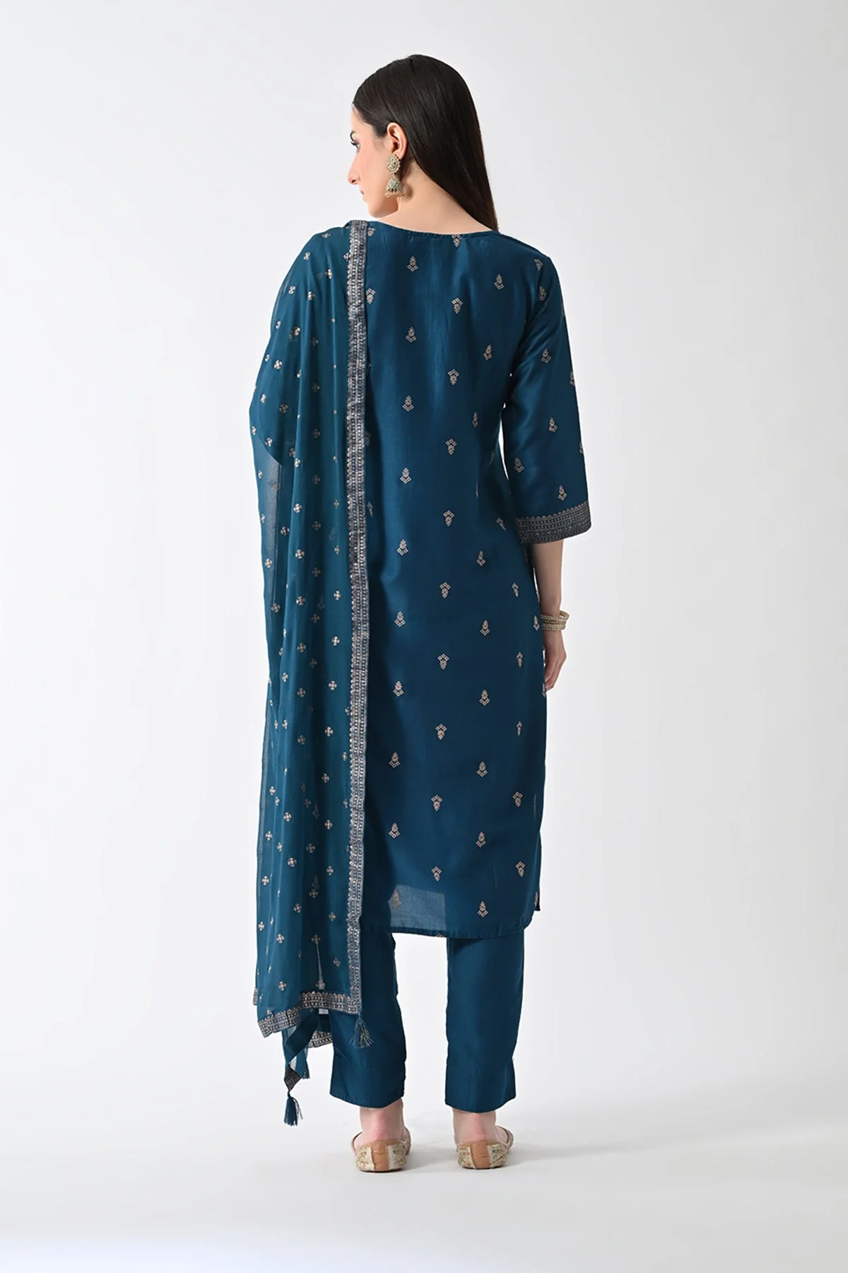 Teal Printed Straight Kurta 3 Pcs Set - Image 5