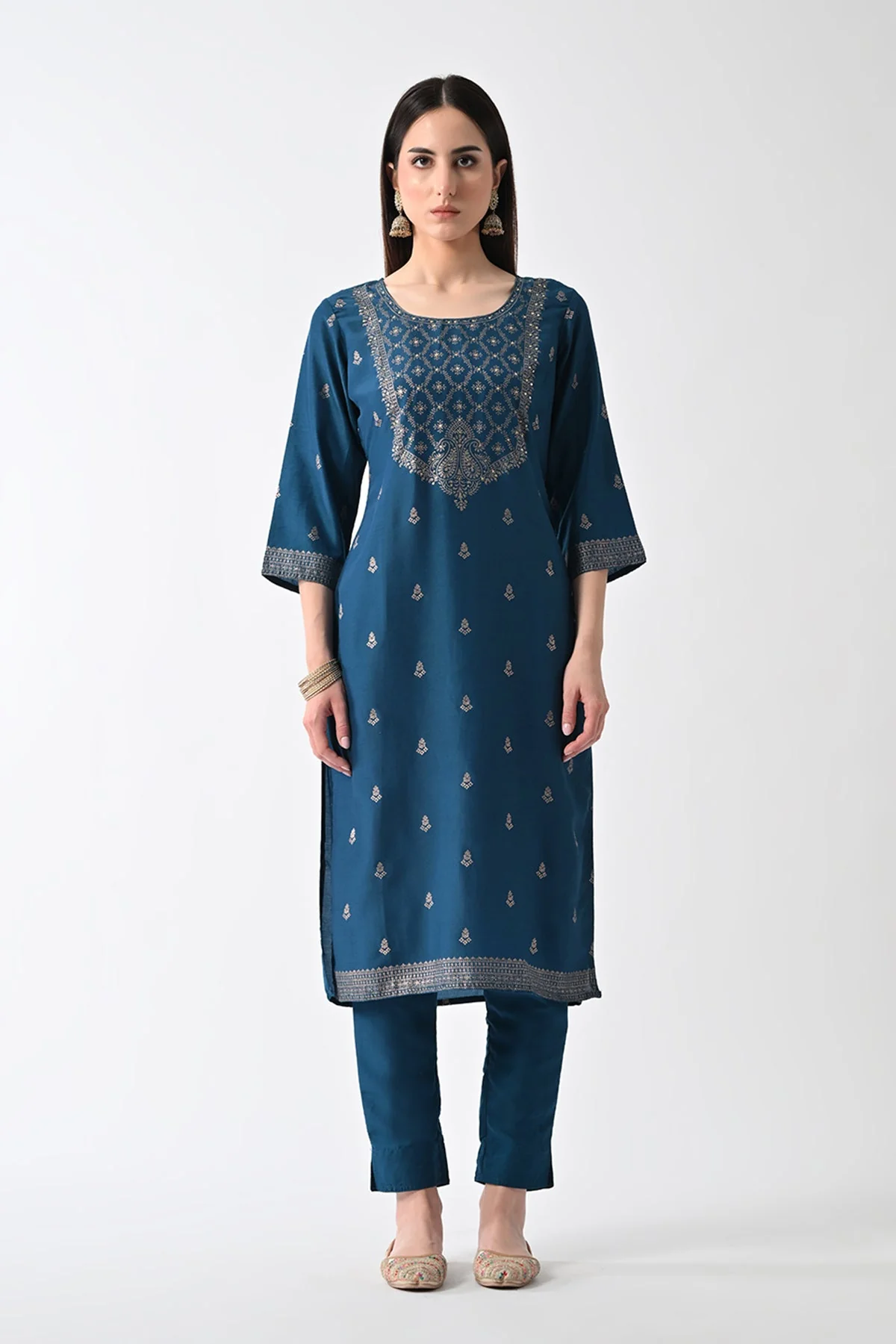 Teal Printed Straight Kurta 3 Pcs Set - Image 7