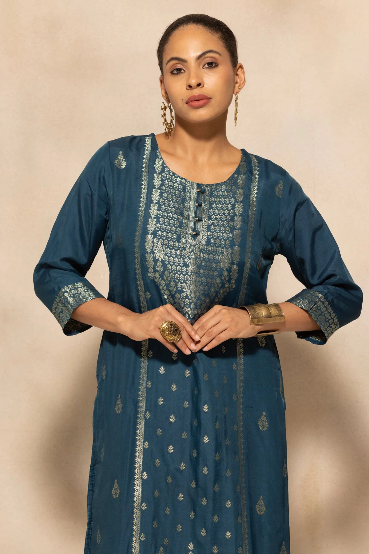 Teal Self-Design Kurta 3 Pcs Set - Image 3