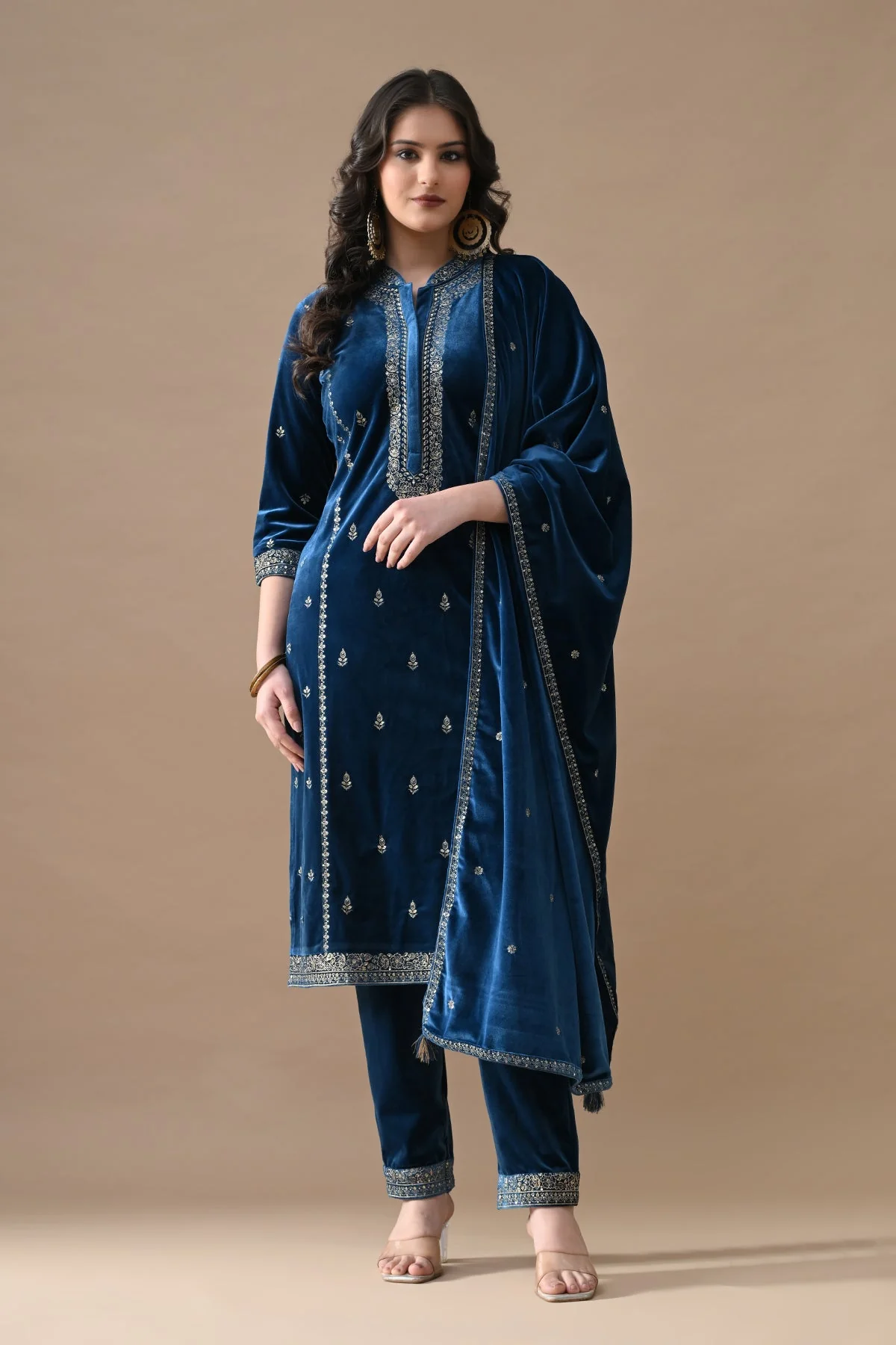 Teal Zari Embroidered Kurta 3 Pcs Set