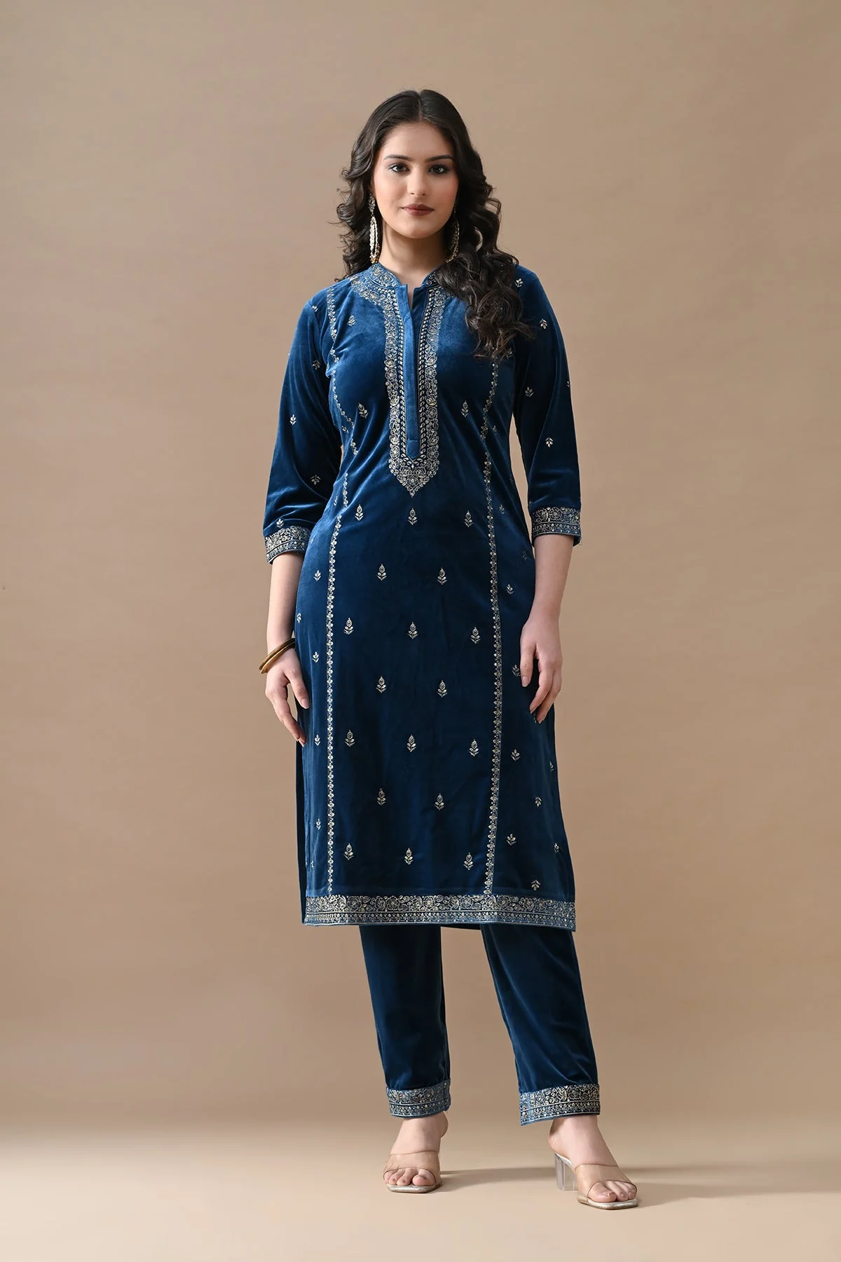 Teal Zari Embroidered Kurta 3 Pcs Set - Image 7