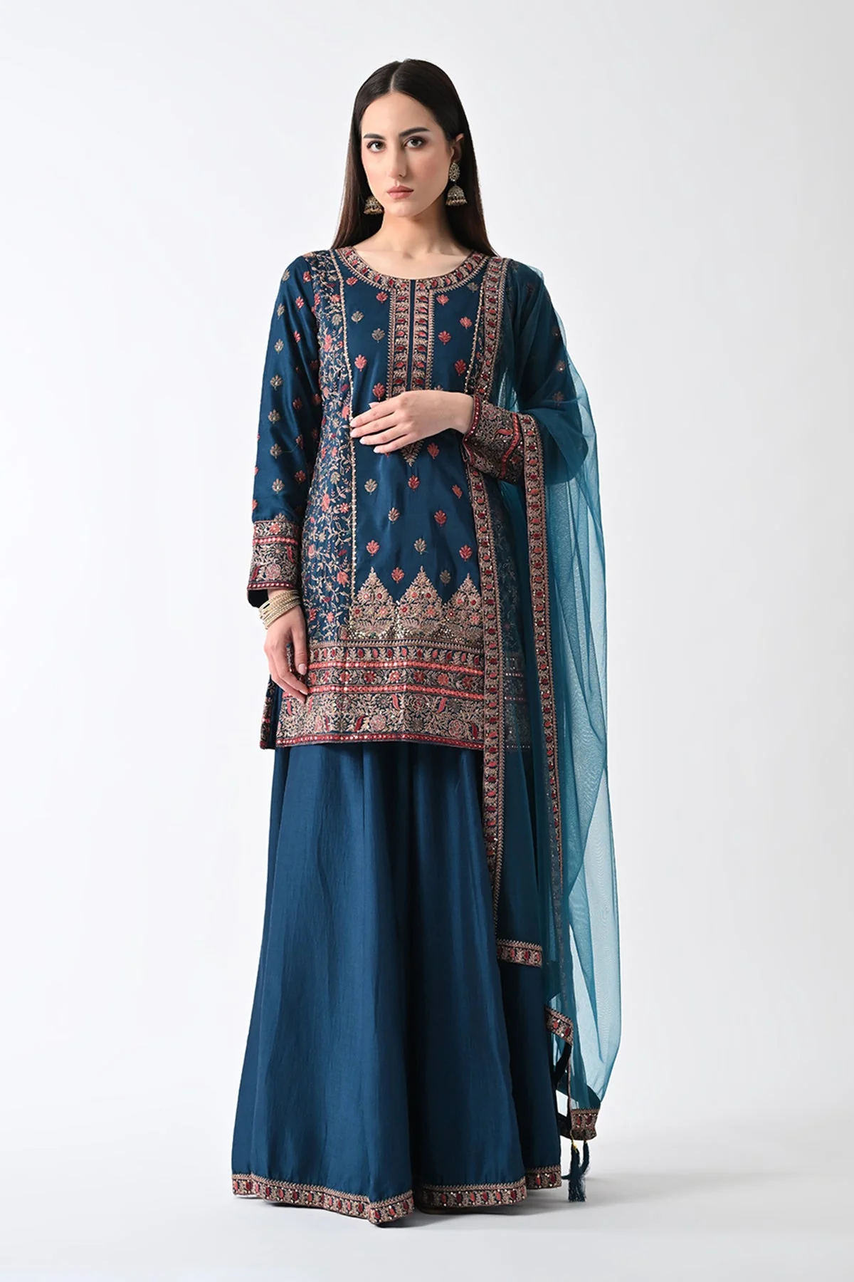 Teal Zari-Embroidered Kurta 3 Pcs Set