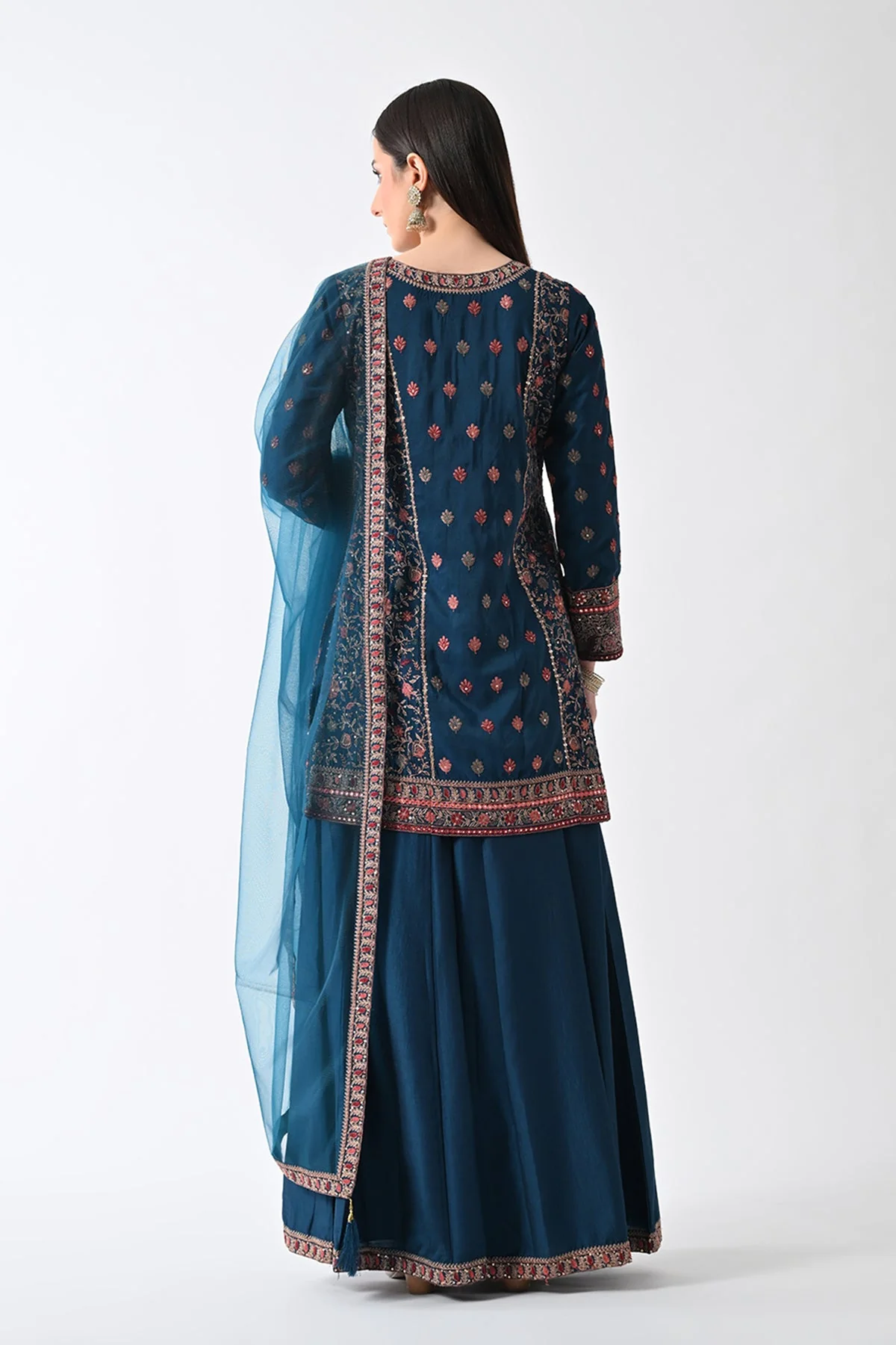 Teal Zari-Embroidered Kurta 3 Pcs Set - Image 2