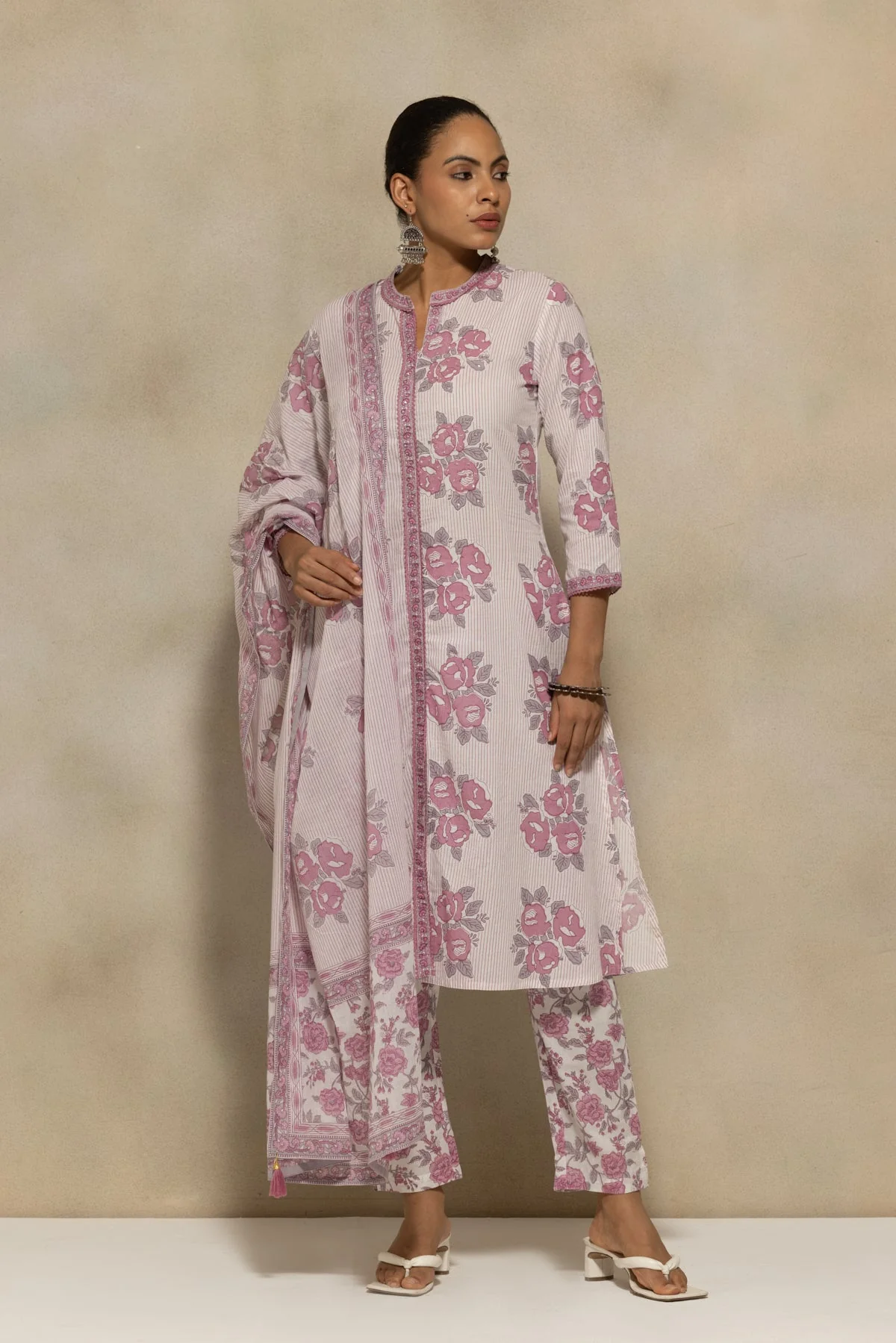 White Printed A-Line Kurta 3 Pcs Set