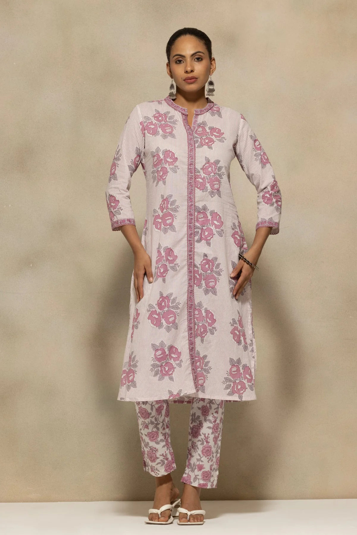 White Printed A-Line Kurta 3 Pcs Set - Image 3