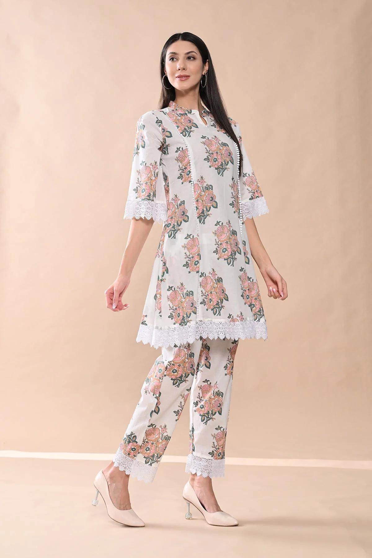 White Printed A-line Kurta 2 Pcs Set - Image 3