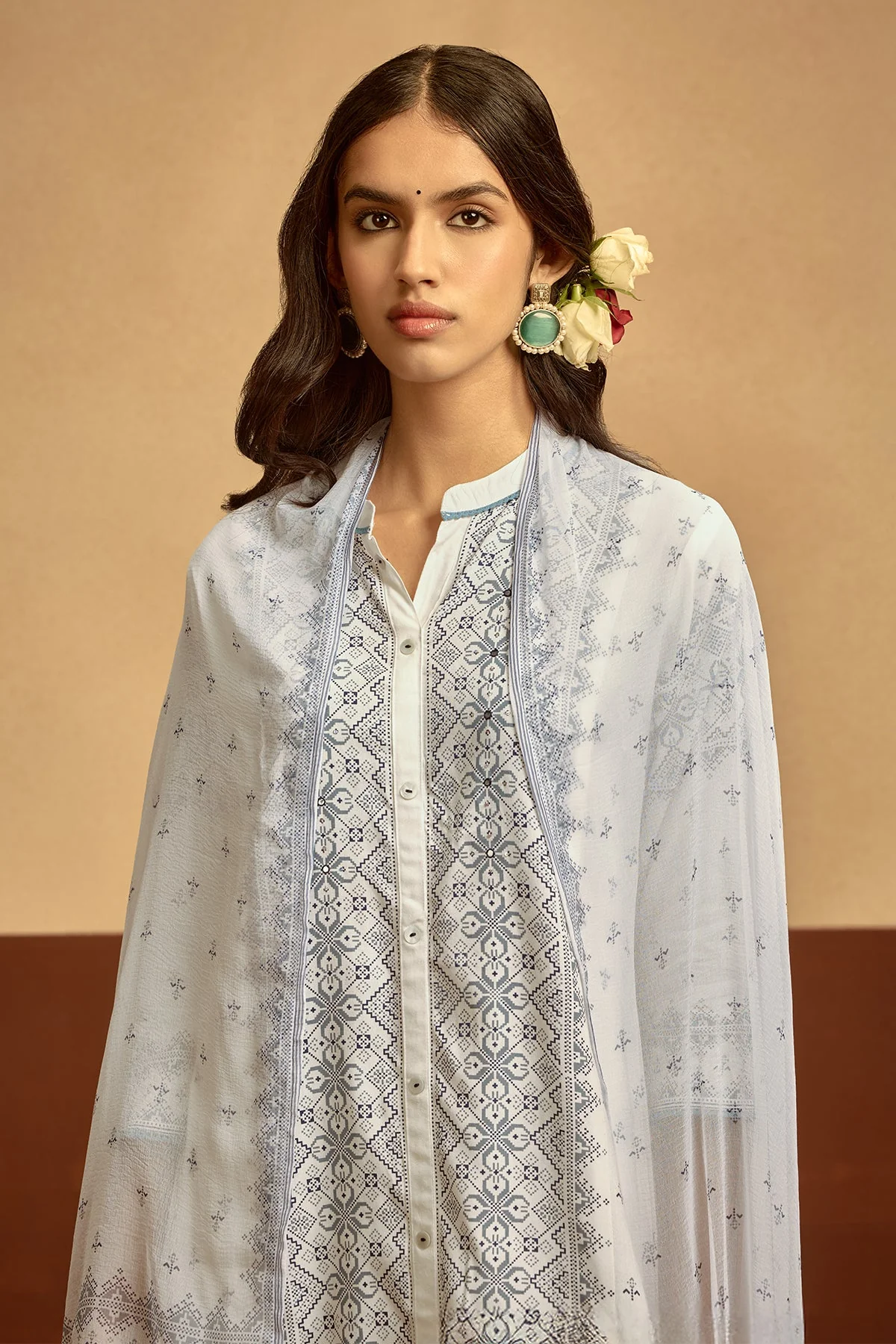 White Printed Kurta 3 Pcs Set - Image 3